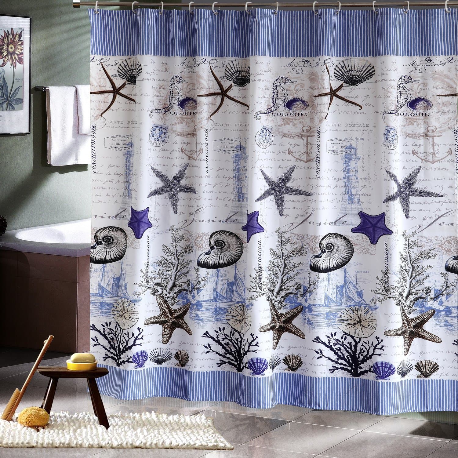 Antique Style Sea World View Fabric Shower Curtain of Seashell and Sea Stars (180180, Sea Stars)