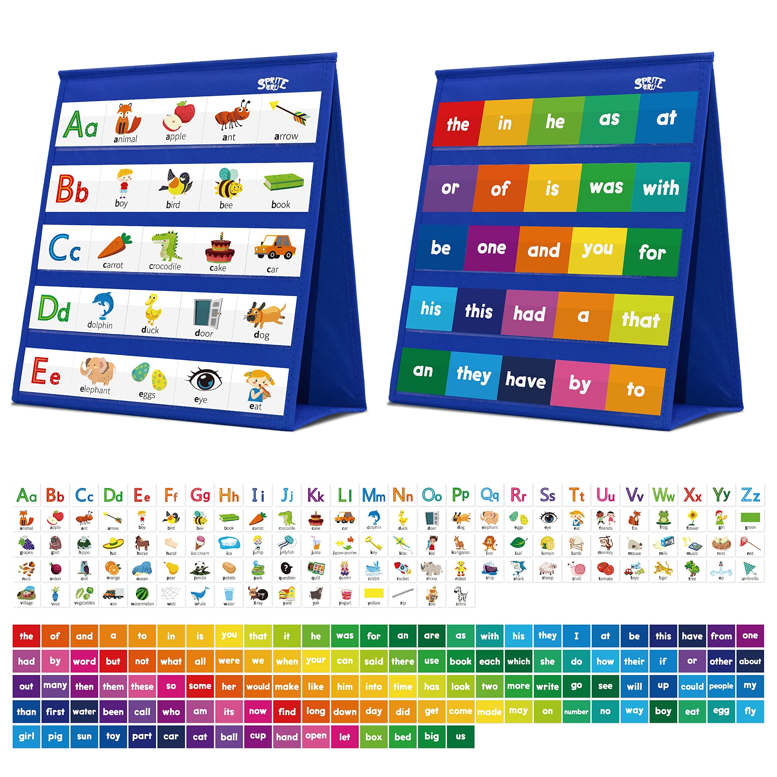 Desktop Pocket Chart, 120 Dry-Erase Double Sided Cards Includes 26 Letters with Images and 120 First Words, Self-Standing Tabletop Pocket Chart for Kids Teacher Classroom Home Use (13 X 12inch)
