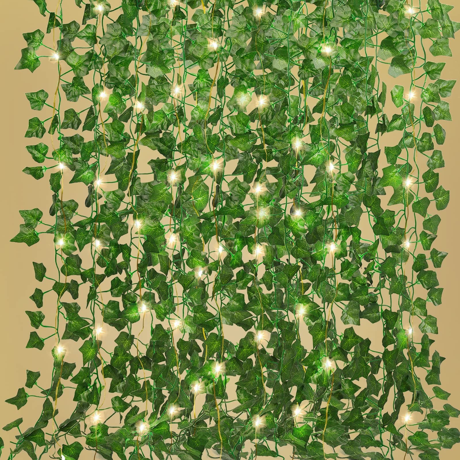 – RECUTMS Fake Ivy Vines with Lights for Room Decor 12 Pack 86 FT Artificial Ivy Vine Garland with 100 LED String Lights Leaves Hanging Plant Vine for Bedroom Aesthetic Garden Office Wedding Wall Decor