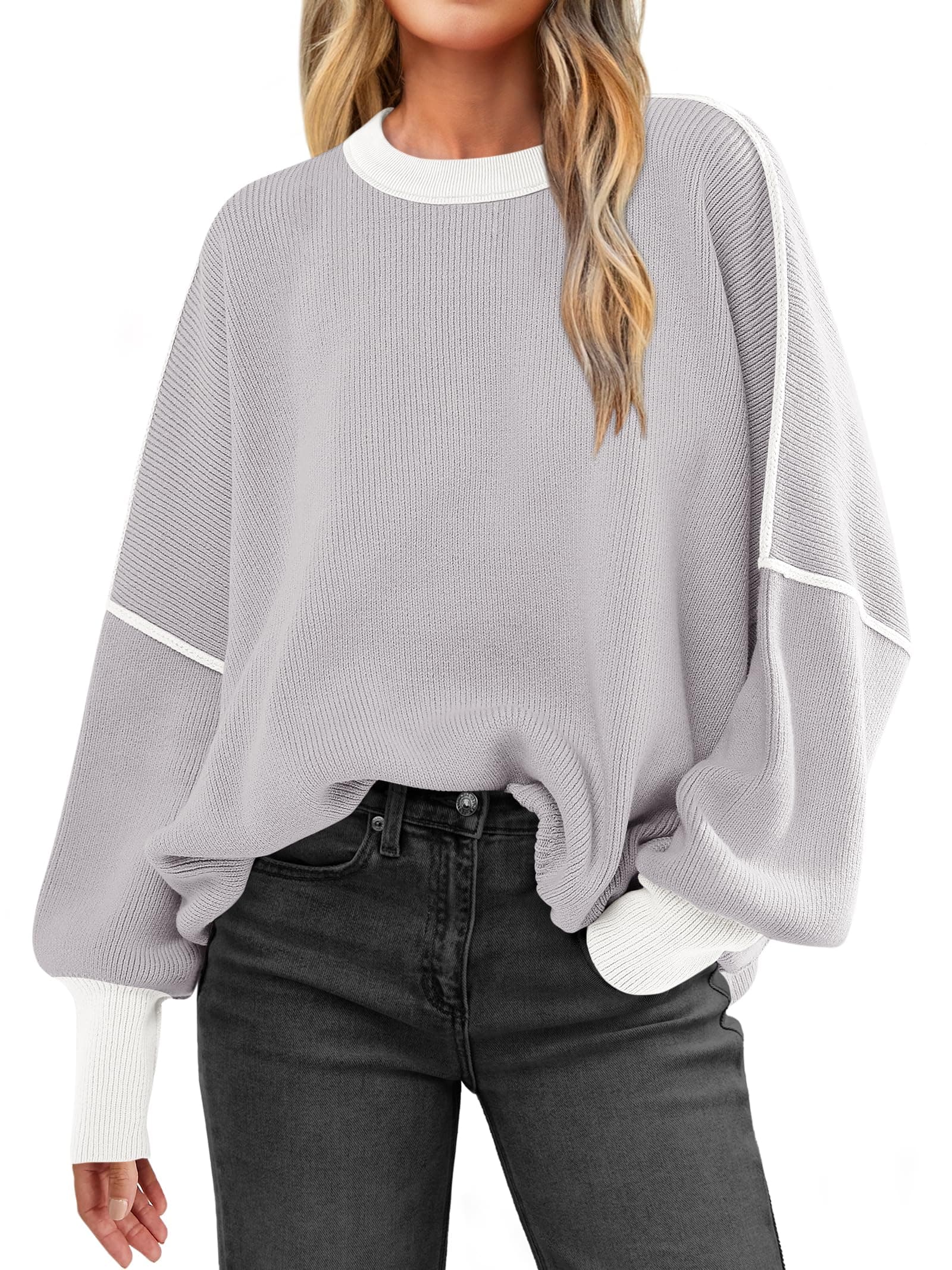 ANRABESS Womens Oversized Sweaters Fall 2025 Fashion Crewneck Batwing Long Sleeve Side Slit Knit Pullover Sweater Tops