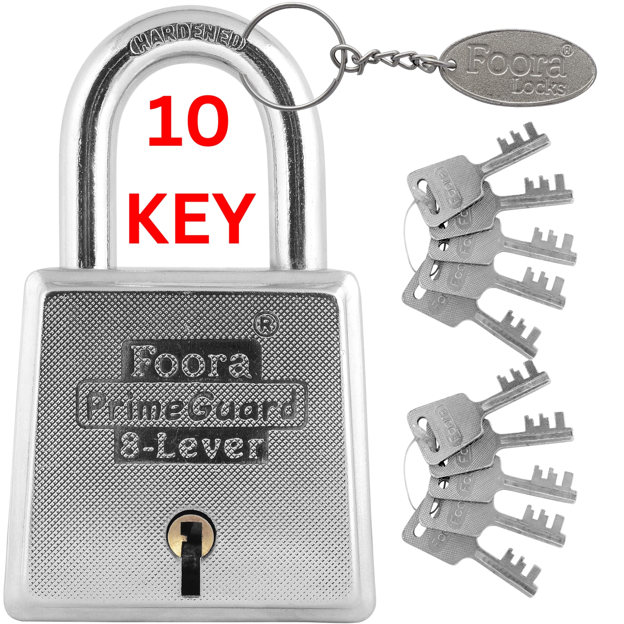 FooraPrimeGurad 60 with 10 Keys Padlock, Double Locking, Iron Zinc 8 Lever for Door, Gate, Shutter,Hardened Shackle Heavy Duty Key Lock, Size 60mm Silver Glossy Finish 1 Key Chain