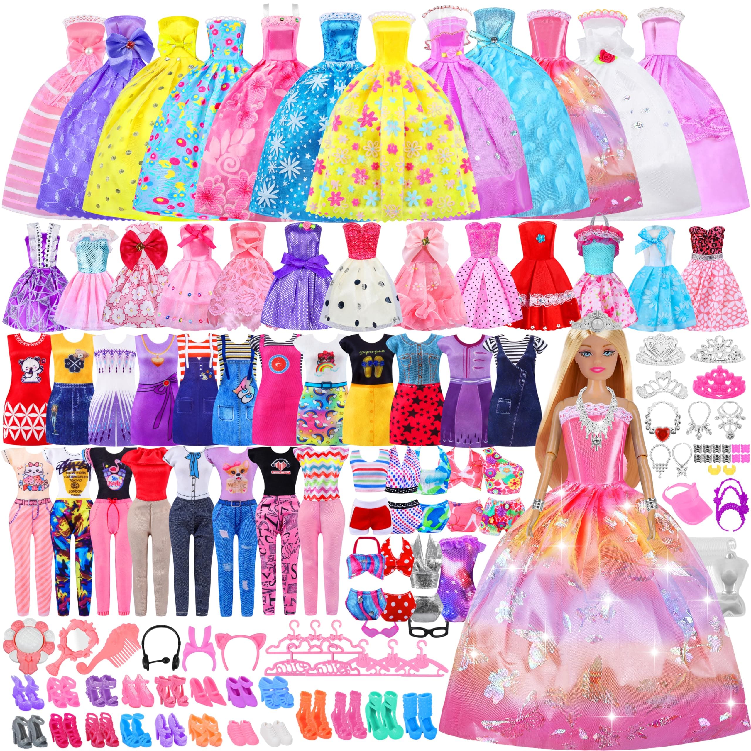 - 135 Pcs Doll Clothes and Accessories with Doll, Princess Gowns, Fashion Dresses, Slip Dresses, Top, Pants, Jumpsuit, Swimsuits, Shoes, Hangers, Doll Dress up Toys for Girls Kids Toddlers Toy Gifts