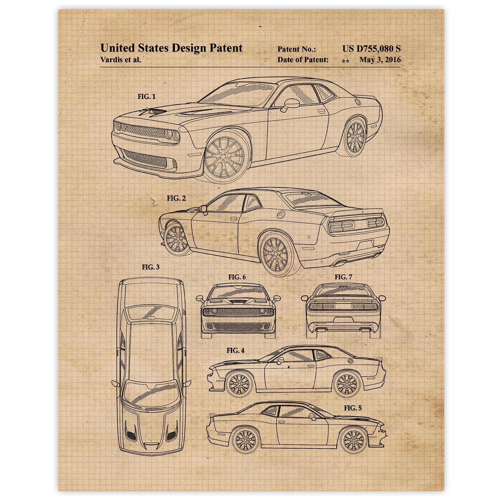 Classic Dodge Challenger SRT Hellcat Auto Patent Prints, 1 (11x14) Unframed Photos, Wall Art Decor Gift for Home Work Office Man Cave Gears Engine Garage School Student Teacher Coach MOPAR Sports Car