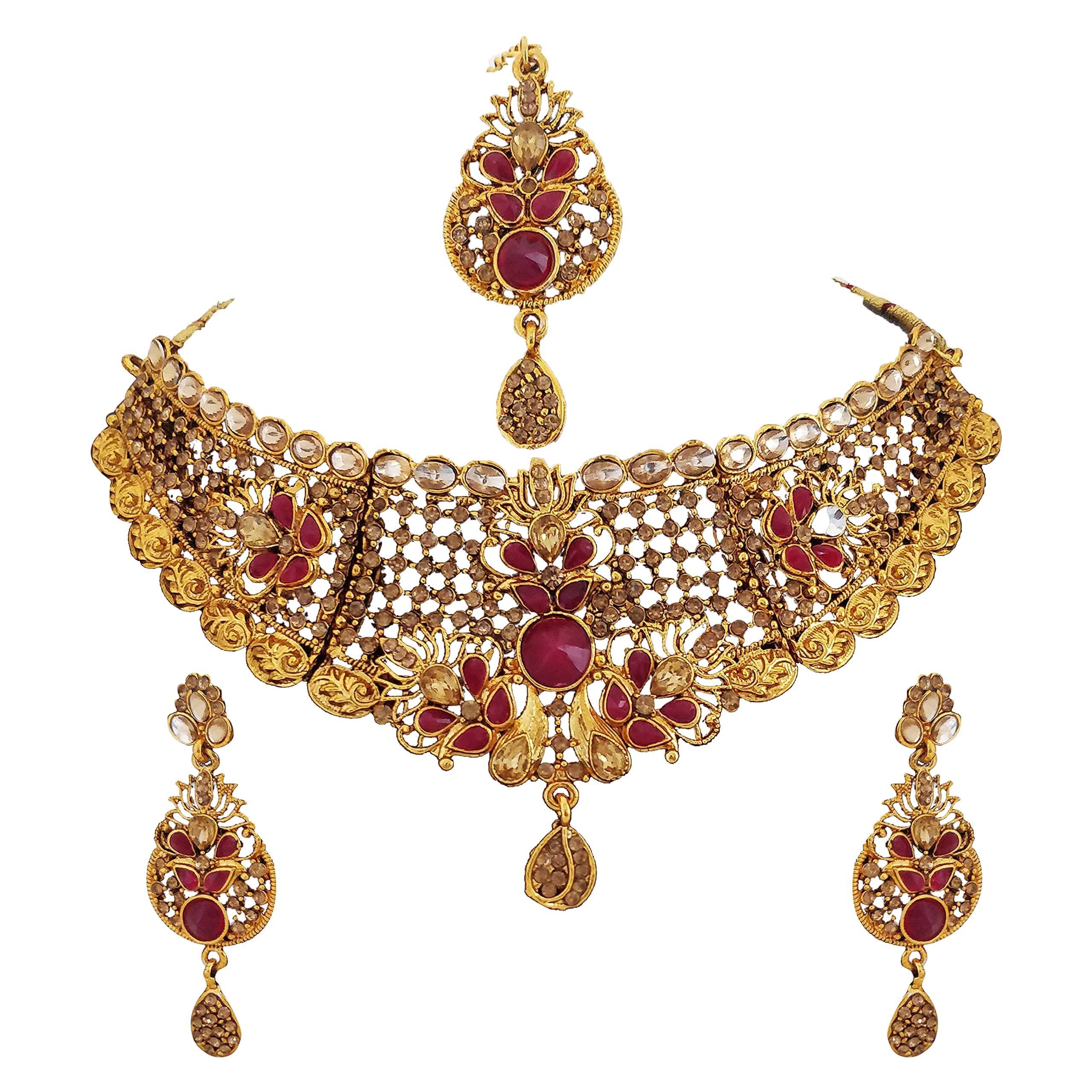 MATUSHRI ARTIndian Traditional Jewelry Red Ruby And Gold Plated Antique Necklace Set For Womens And Girls