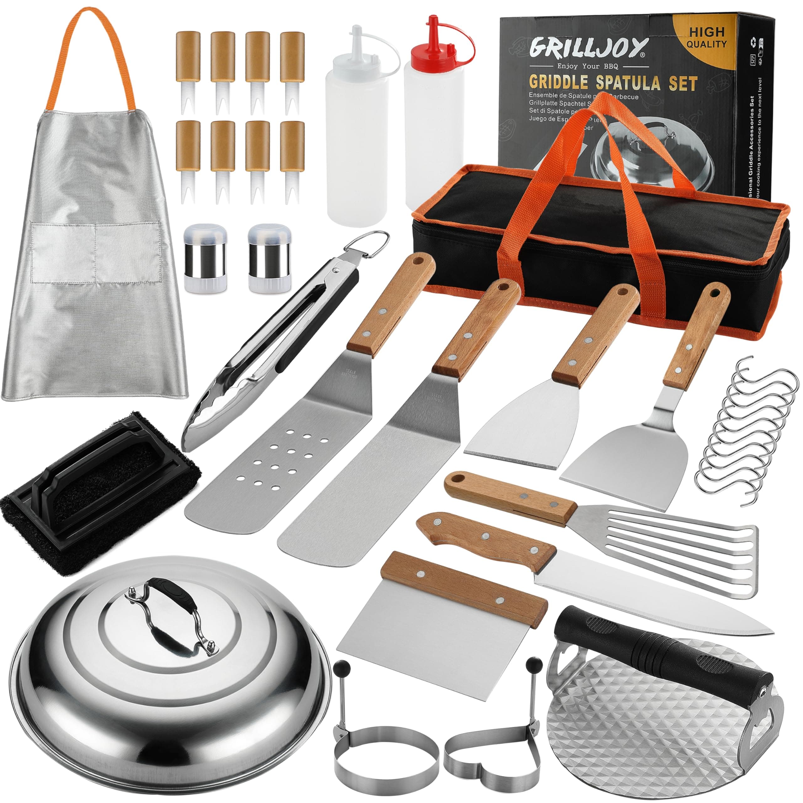 Grilljoy 37Pcs Flat Top Griddle Tools Set with Long/Short Spatulas Scraper & Basting Cover - Stainless Steel Grill Cooking Kit for Teppanyaki Camping - Complete Griddle Accessories Kit for Men Women