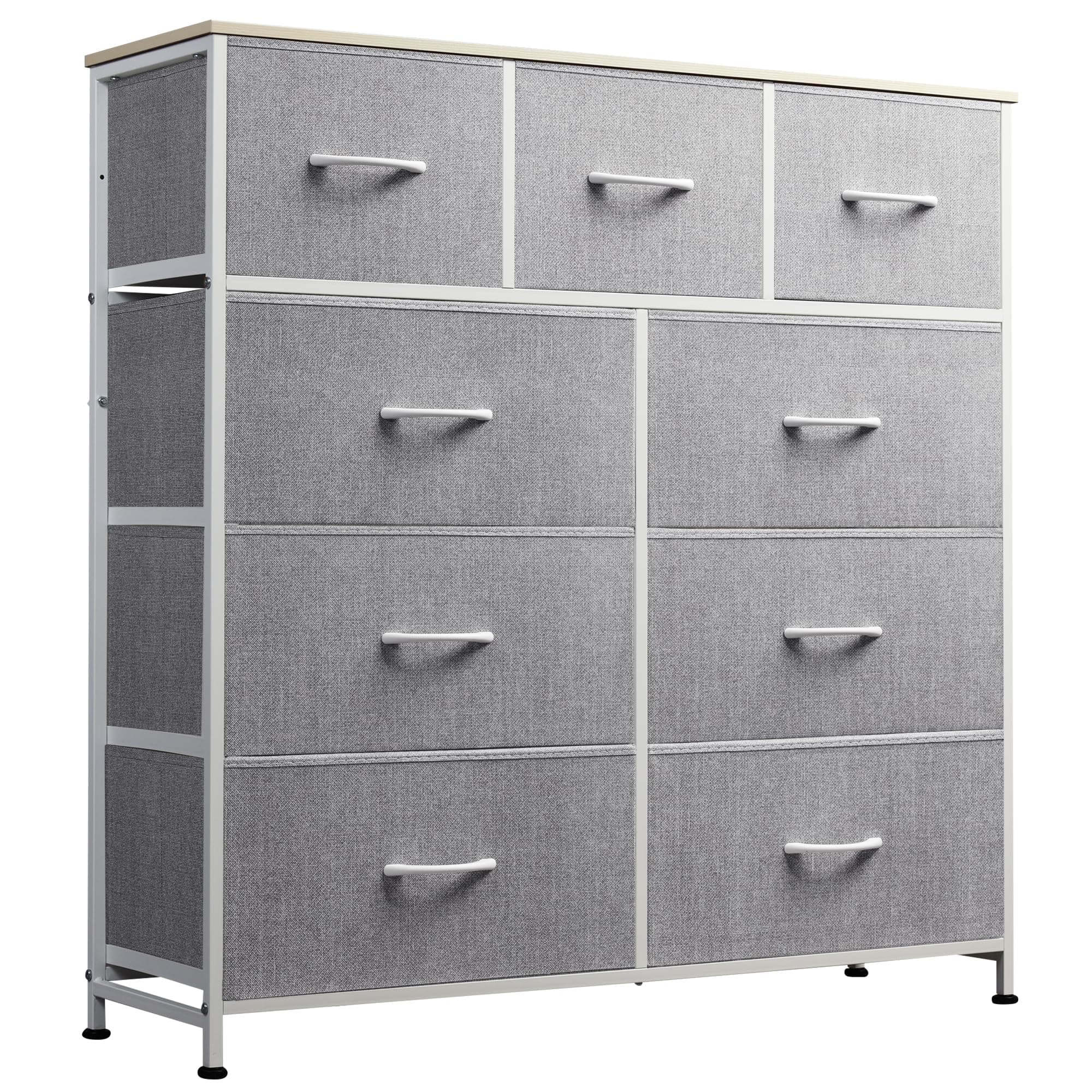 9-Drawer Dresser, Fabric Storage Tower for Bedroom, Hallway, Entryway, Closet, Tall Chest Organizer Unit with Fabric Bins, Steel Frame, Wood Top, Easy Pull Handle, Light Grey