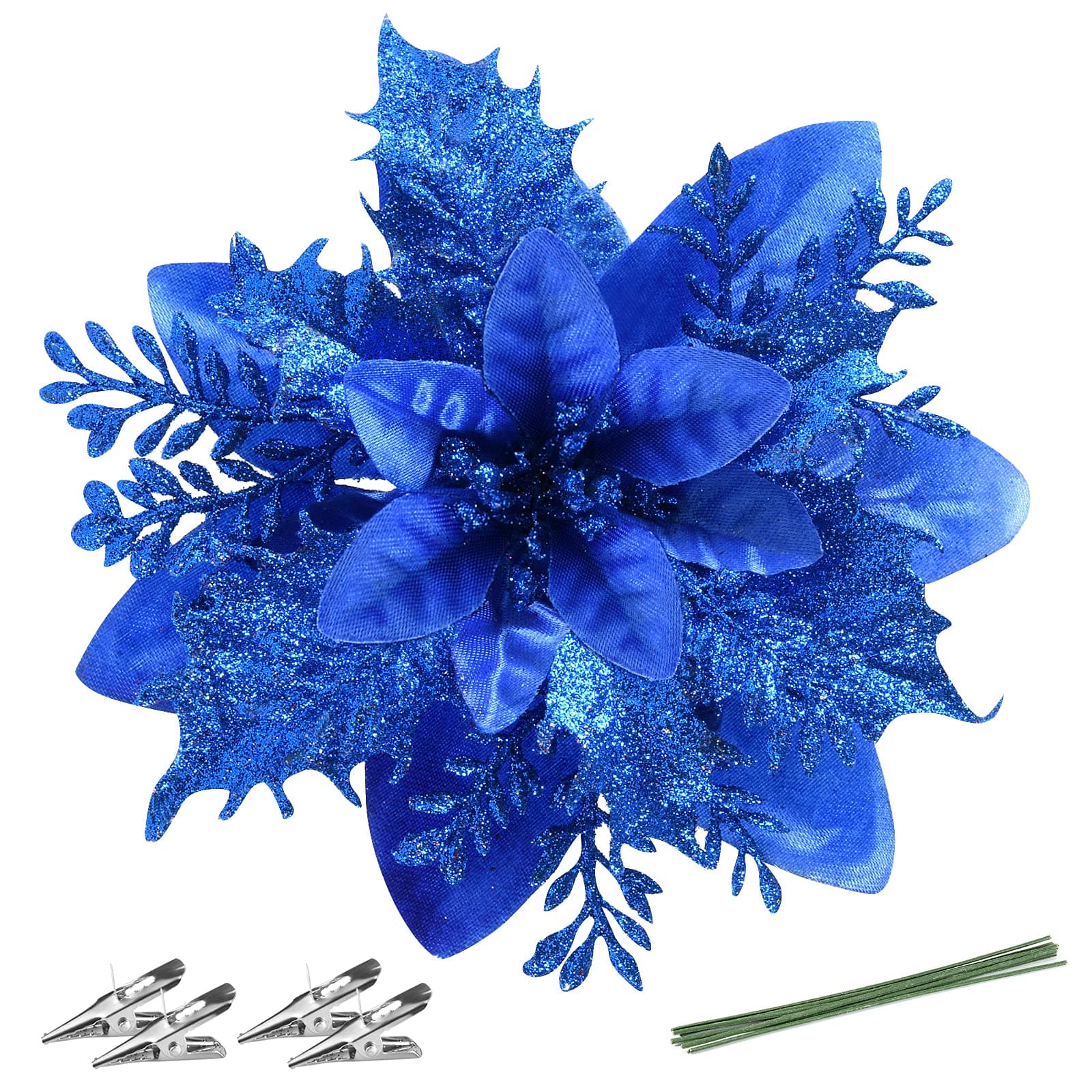 Christmas Poinsettia Artificial Flowers Decorations 5.5" Christmas Tree Wreaths Garland Decoration 12 Pcs Glitter Flowers Picks Decor for Xmas Wedding Party Ornaments (Royal Blue)