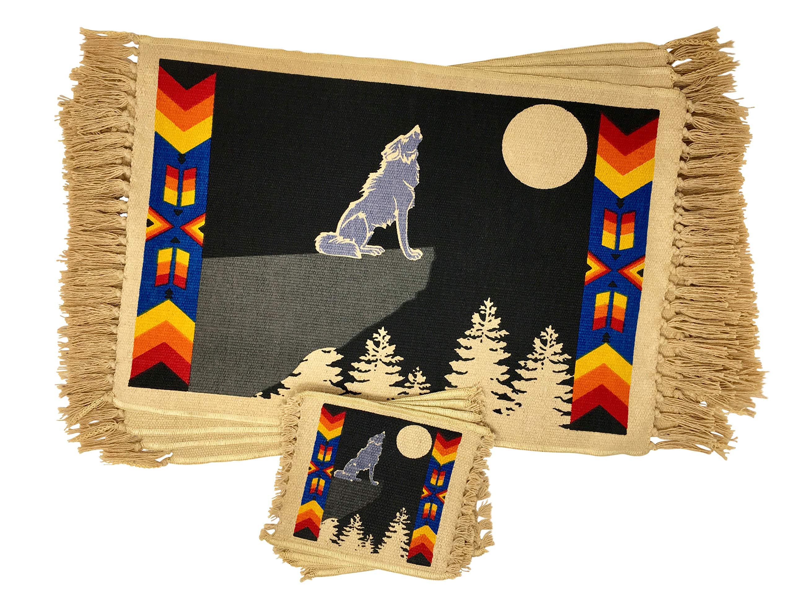 Western Wildlife Placemats & Coasters: Native Design Animals Kitchen & Dining Table Set of 4 Table Mats & 4 Drink Coasters (Wolf)