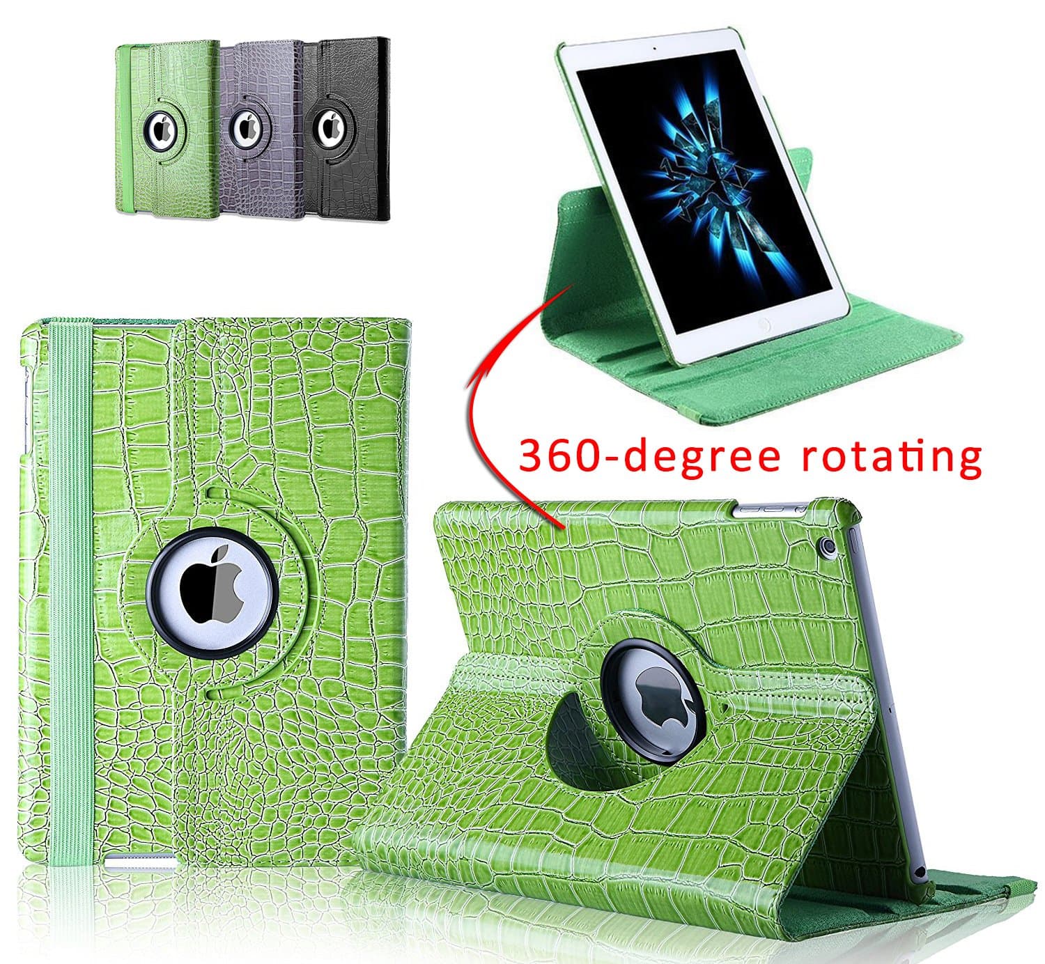 Kricson with Auto Sleep / Wake Feature Stand Case Cover for iPad Air / iPad 5 Crocodile Alligator Leather 360 Degree Rotating Leather Case (Green)