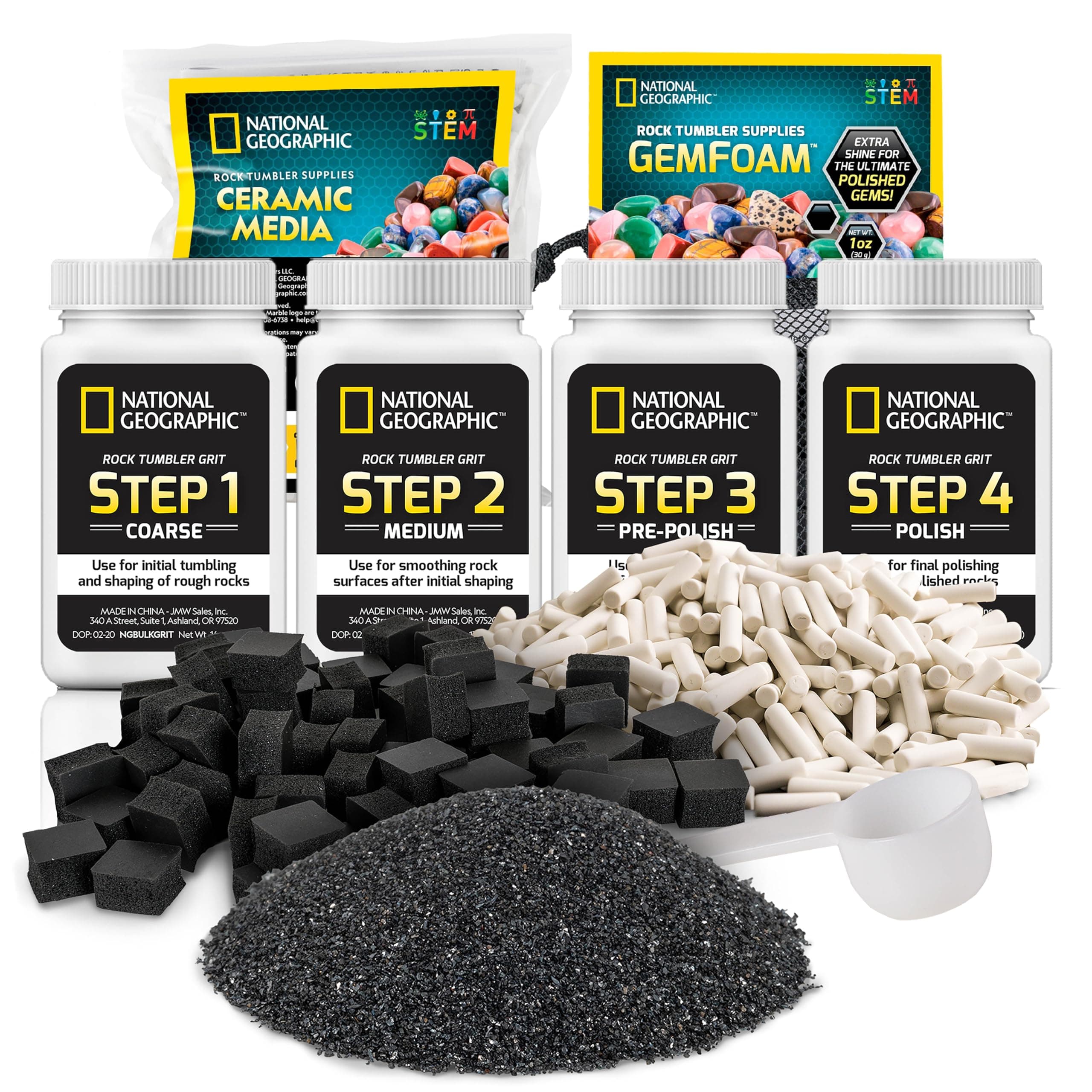 NATIONAL GEOGRAPHIC Stone Rotating Drum Complete Media Kit Stone Polishing Grit Ceramic Pellets Patented Polishing Foam Stone Polishing Kit Madagascar Rock