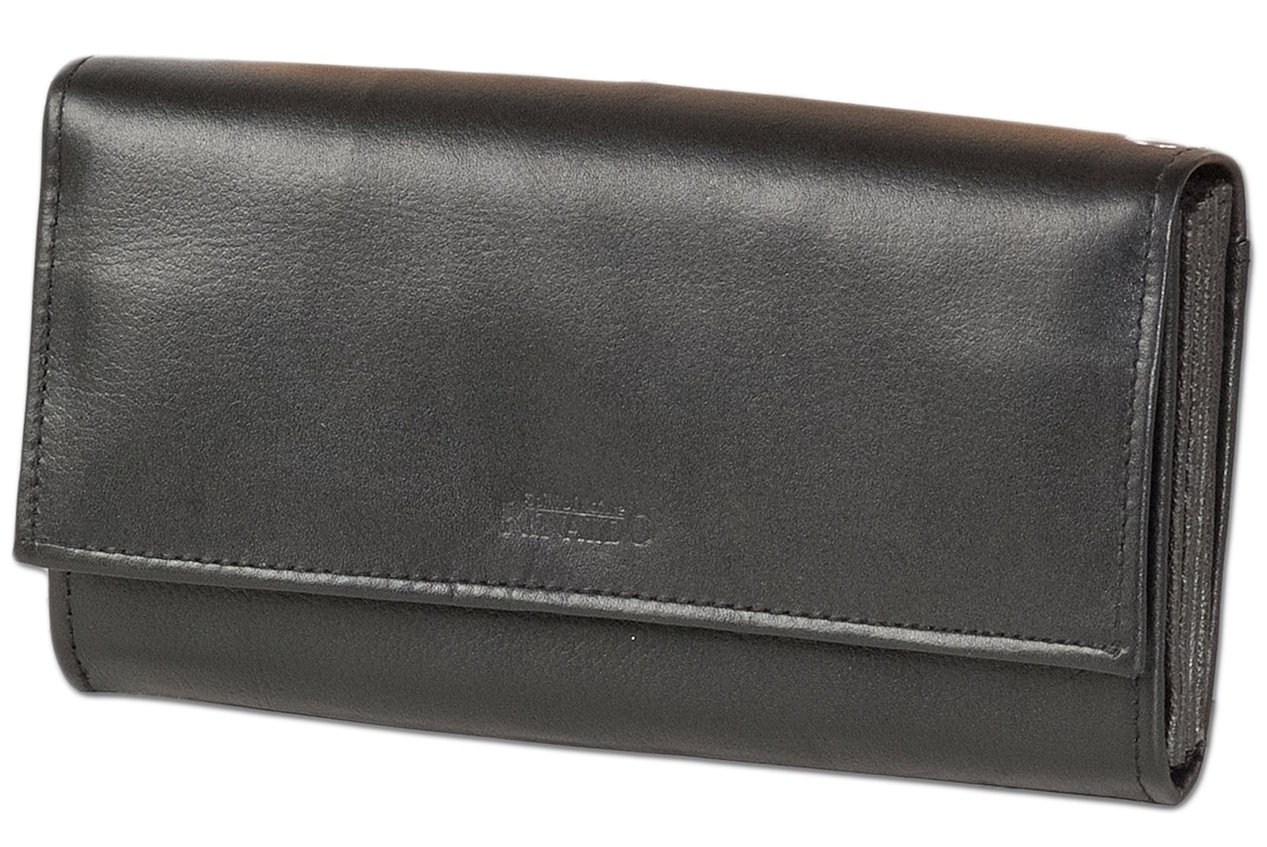 Very cheap waiter-wallet reinforced with extra large coin pocket with double snap closure made from smooth leather in black
