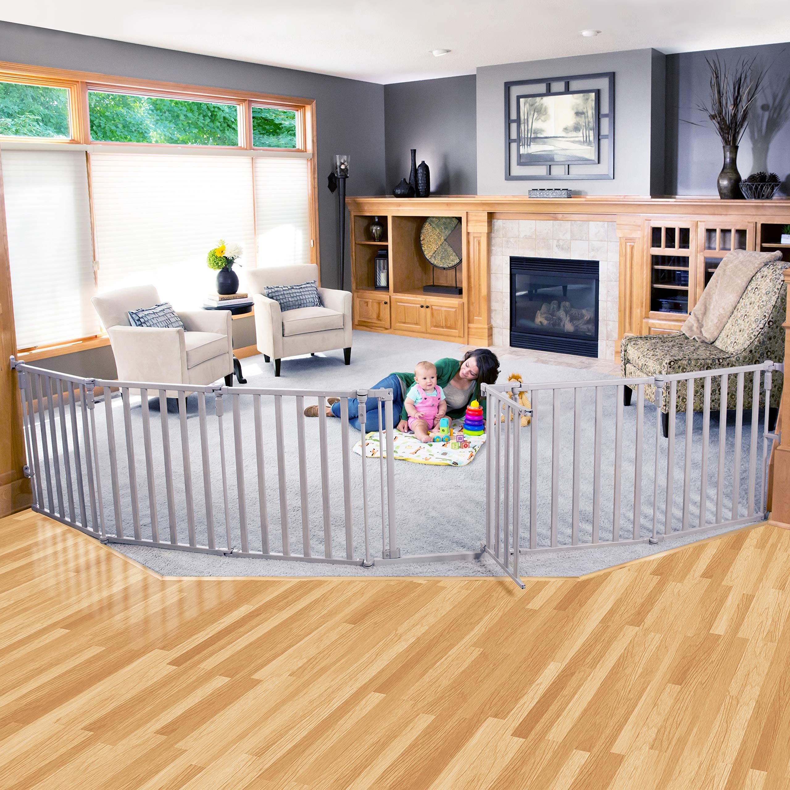 Toddleroo by North States 3 in 1 Extra Wide Wood Superyard: 151" Long Extra Wide Baby gate, Barrier or Play Yard. Hardware or freestanding. 6 Panels, 10 sq.ft. Enclosure (30" Tall, Light Gray)