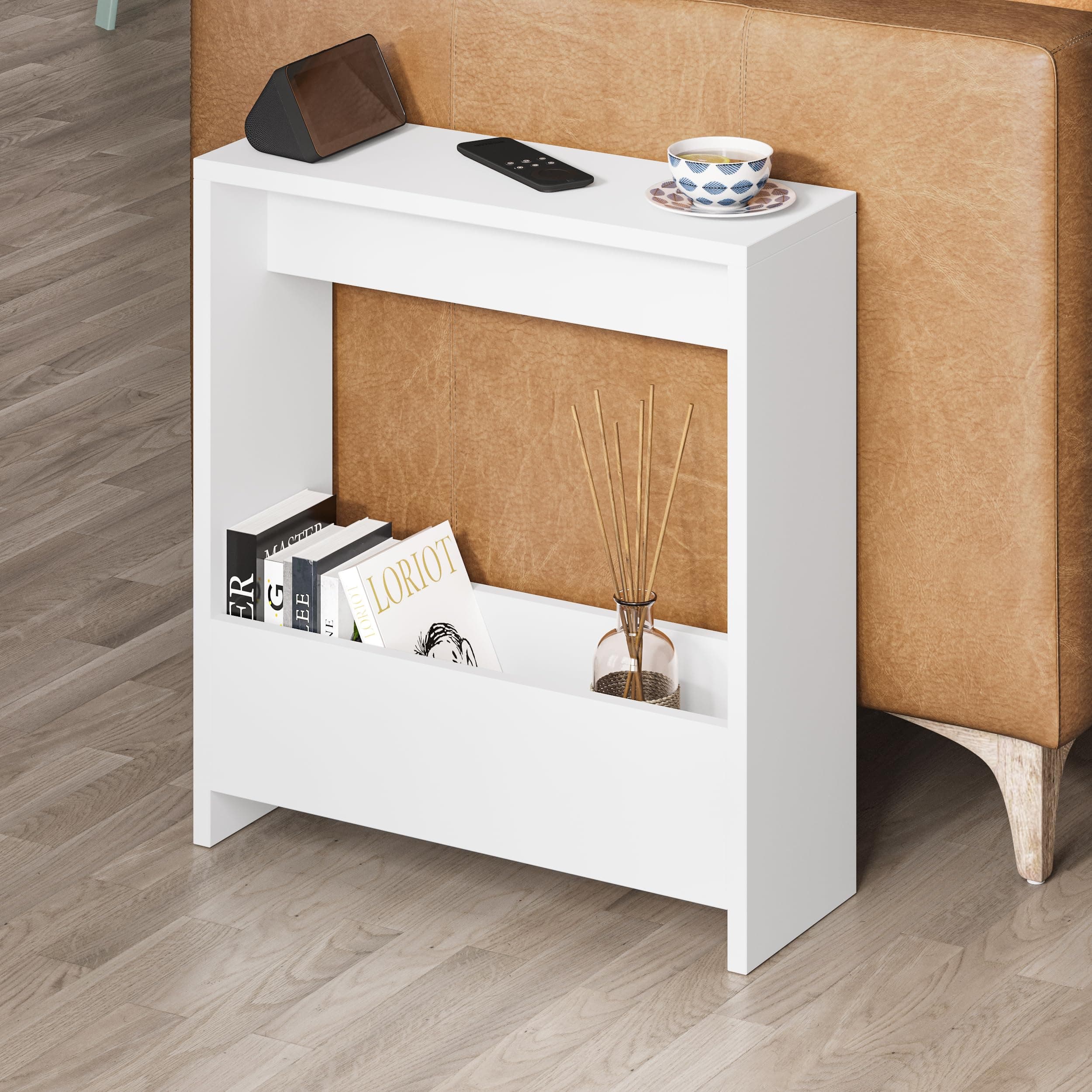 Side Table with Magazine Rack for Living Room and Office - Many Colour Options - Side/End Table - 55 x 20 x 60cm (White)