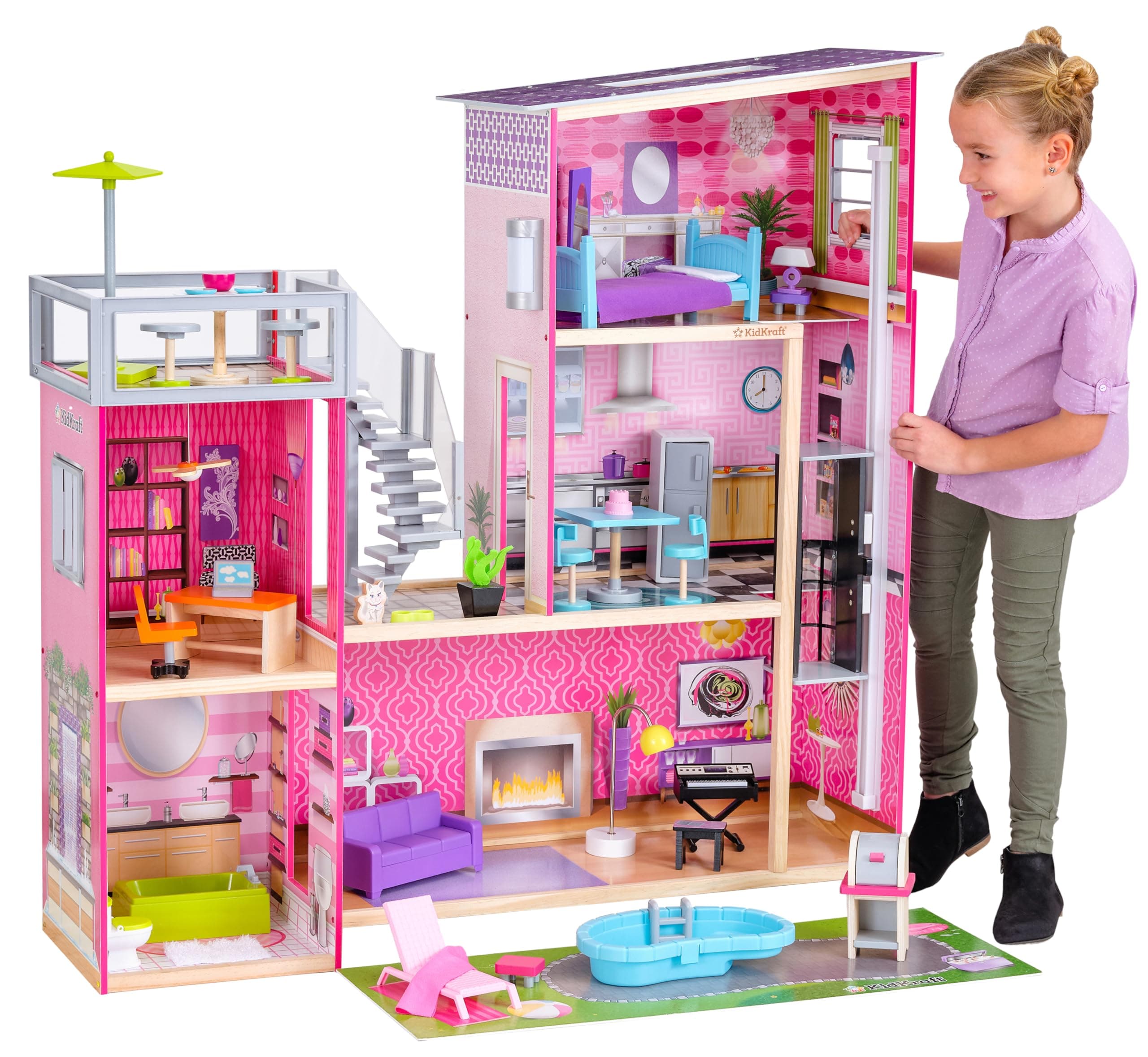 Uptown Wooden Modern Dollhouse with Lights & Sounds, Pool and 36 Accessories