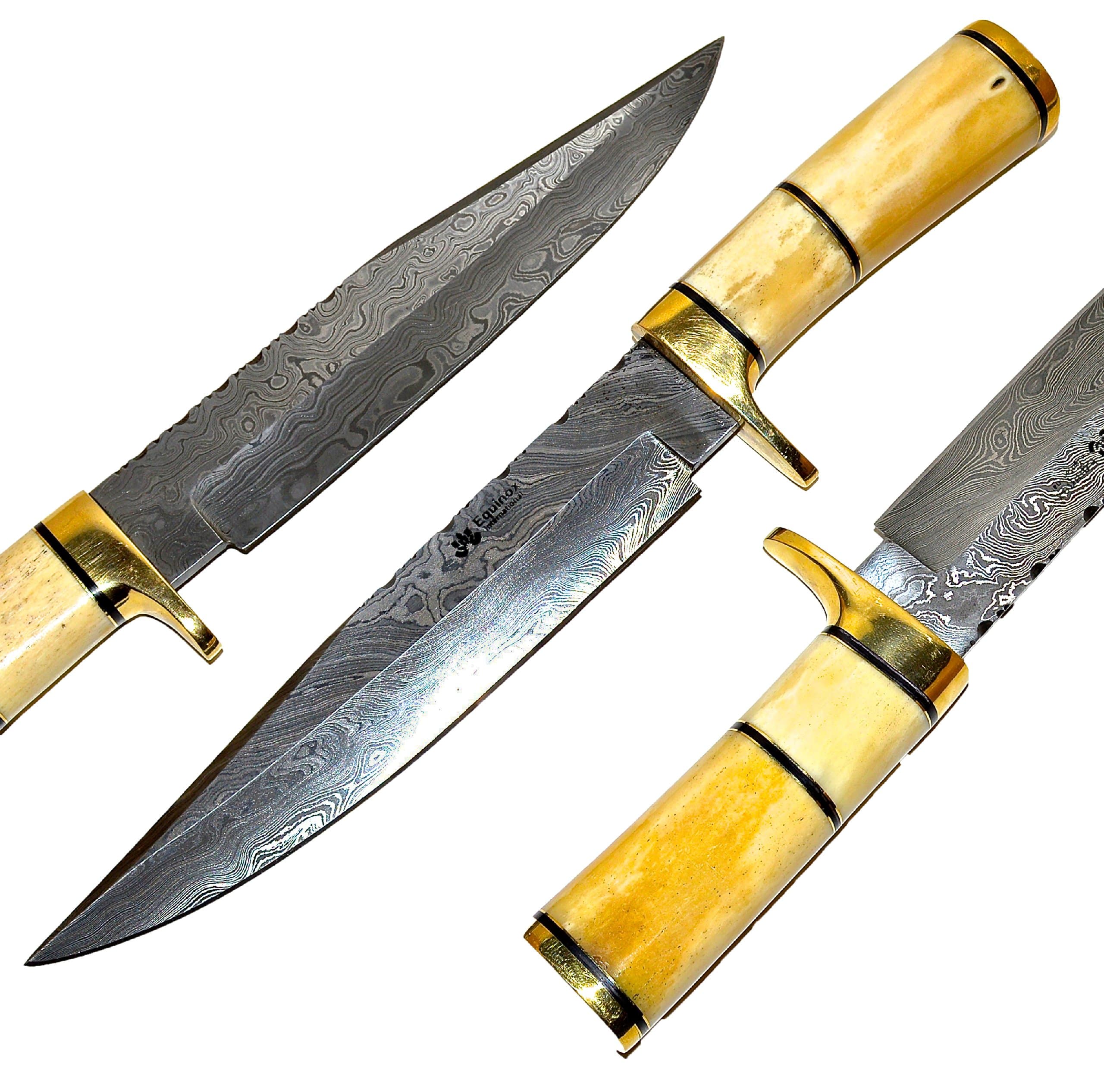 Custom Handmade Damascus Hunting Knife - Equinox International Collection - Super Sharp Japanese Damascus Steel Crafted 8 Layers Blade - 13" Overall Length - Camel Bone Handle with Gold Bolster - Must Have for any Avid Hunter/Survivalist - FREE Special Leather Sheath for LIMITED TIME ONLY! or!