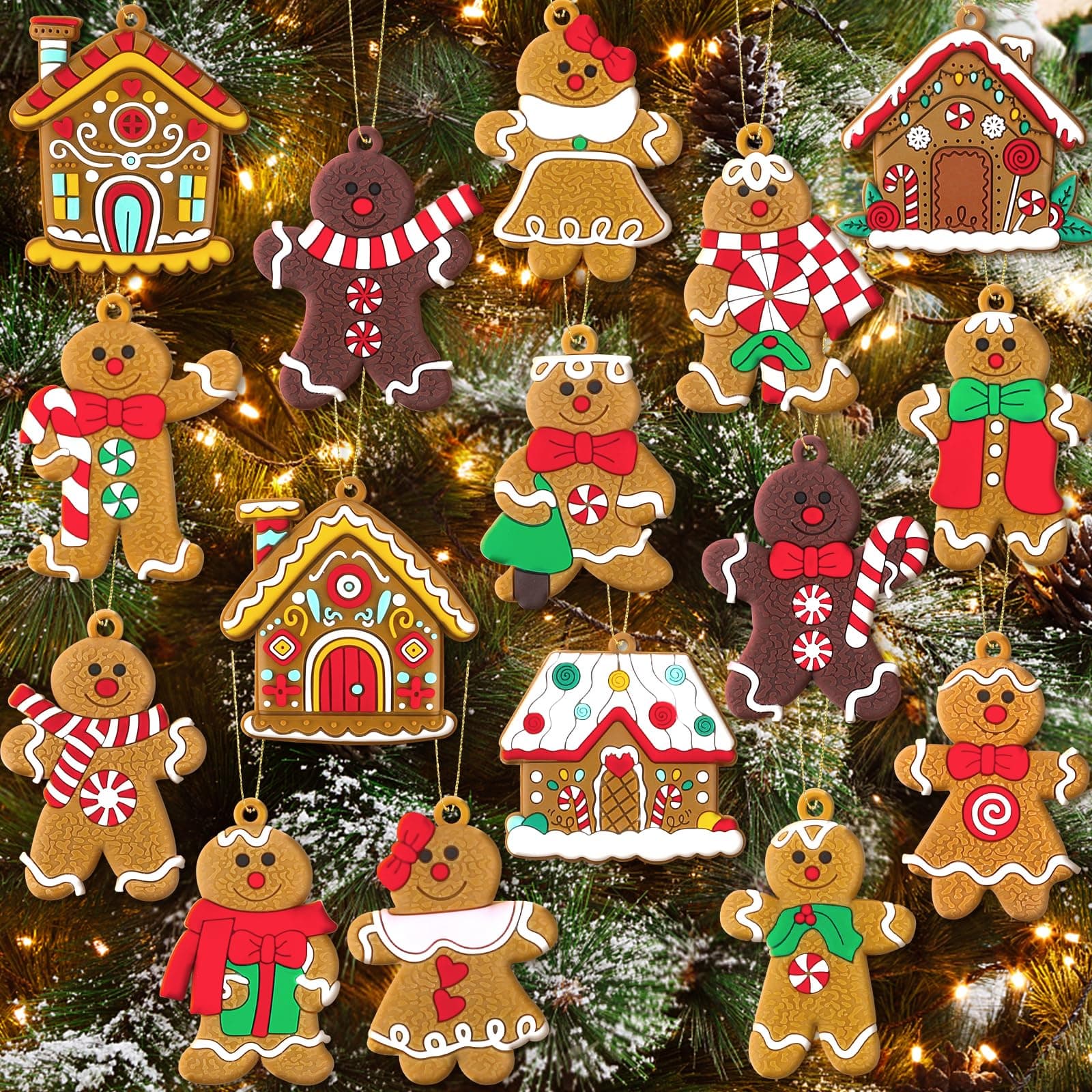 16Pcs Gingerbread Man Ornaments for Christmas Tree Gingerbread Christmas Decorations with Gingerbreads House Ornament for Christmas Tree Hanging Party Decor