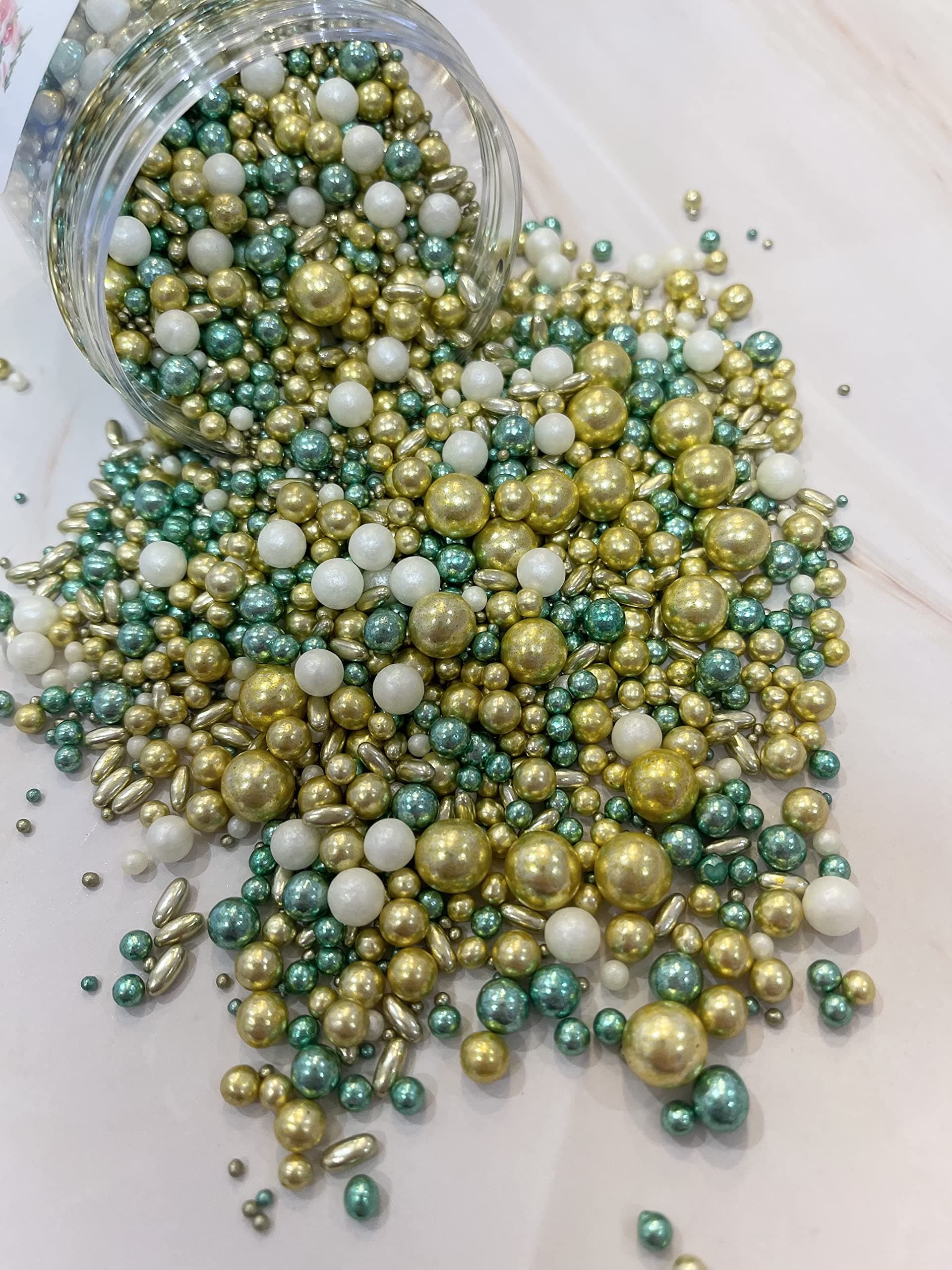 Metallic/Shimmer Balls Edible Cupcake Cake Topper Sprinkles (35g Pouch) (Green and Gold)