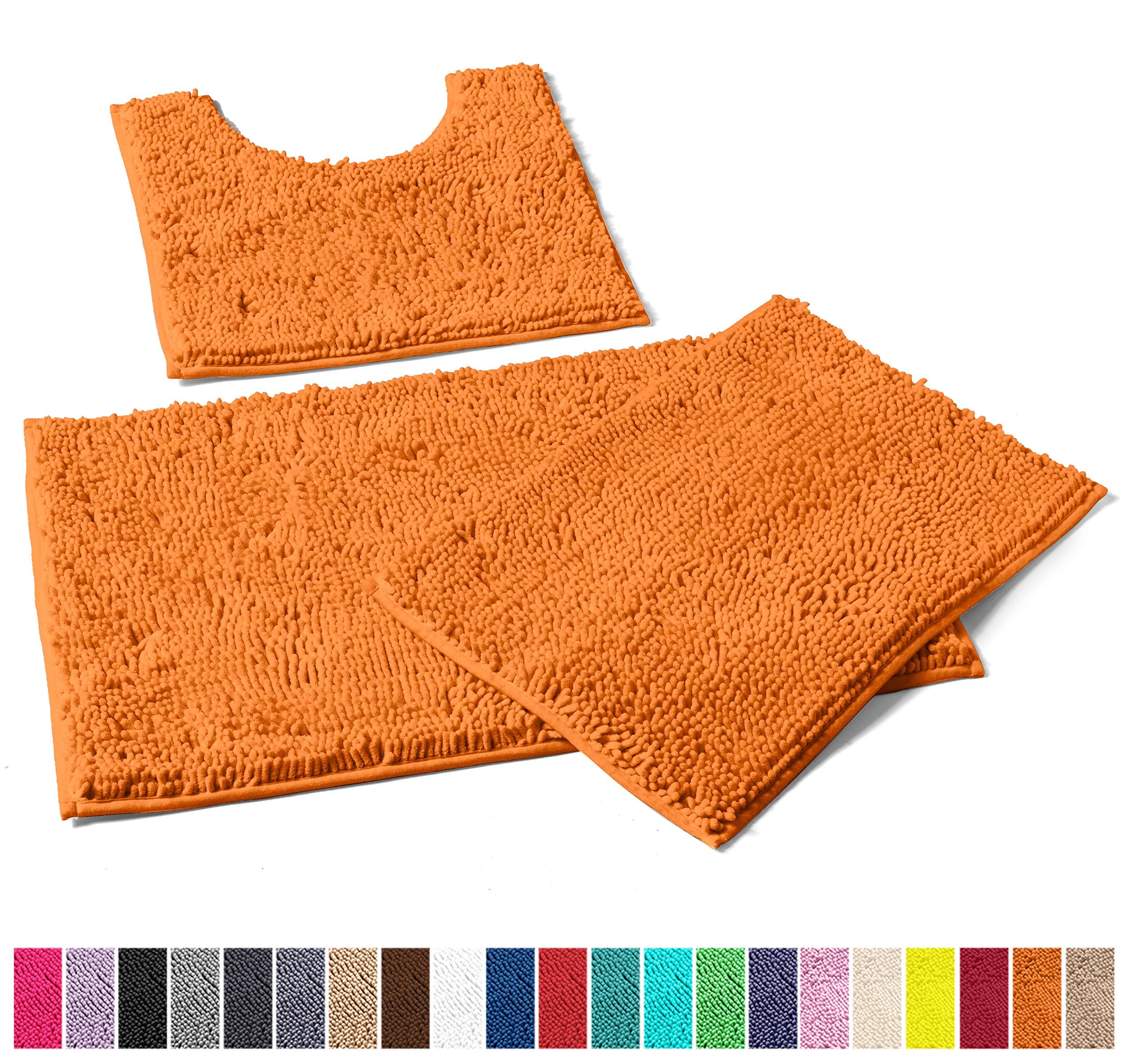 LuxUrux Haloween Themed Bathroom Rugs 3 Piece Set, Non-Slip Chenille Bathroom Mat Set, Includes U-Shaped Contour Toilet Mat, 20 x 30'' and 16 x 24'' Bath Mat, Machine Washable, Orange.