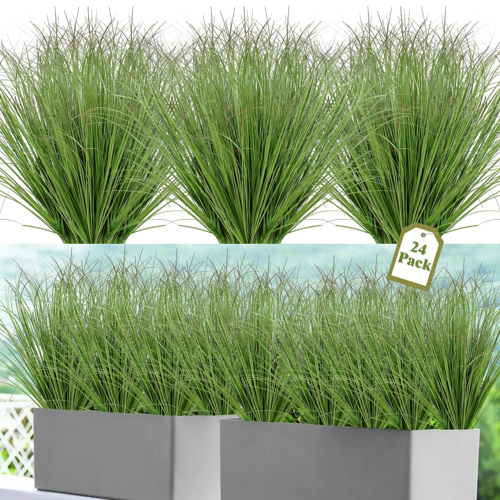 24 Bundles Artificial Plants Onion Grass Outdoor 20 Inch Tall Fake Shrubs Wheat Grass UV Resistant Greenery Stems Faux Bushes Plant for Indoor Outdoor Garden Office Home Decor, Green