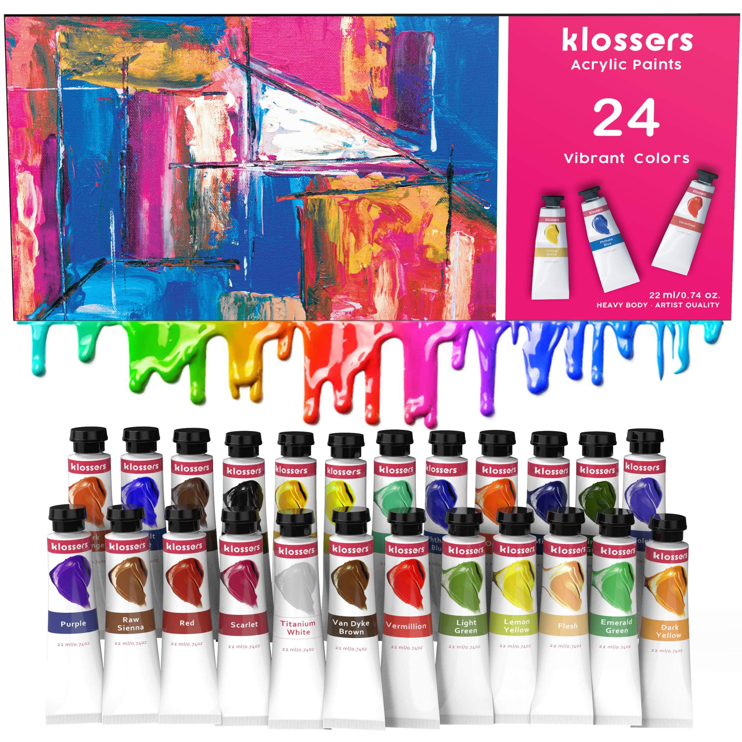 Acrylic Paint Set-24 Vibrant Colors/Tubes (22 ml, 0.74 oz.)- Rich Pigments-Acrylic Paint Perfect for Canvas, Leather, Rocks, Glass-Non Toxic-Artist Quality Acrylic Paints-for Adults or Kids