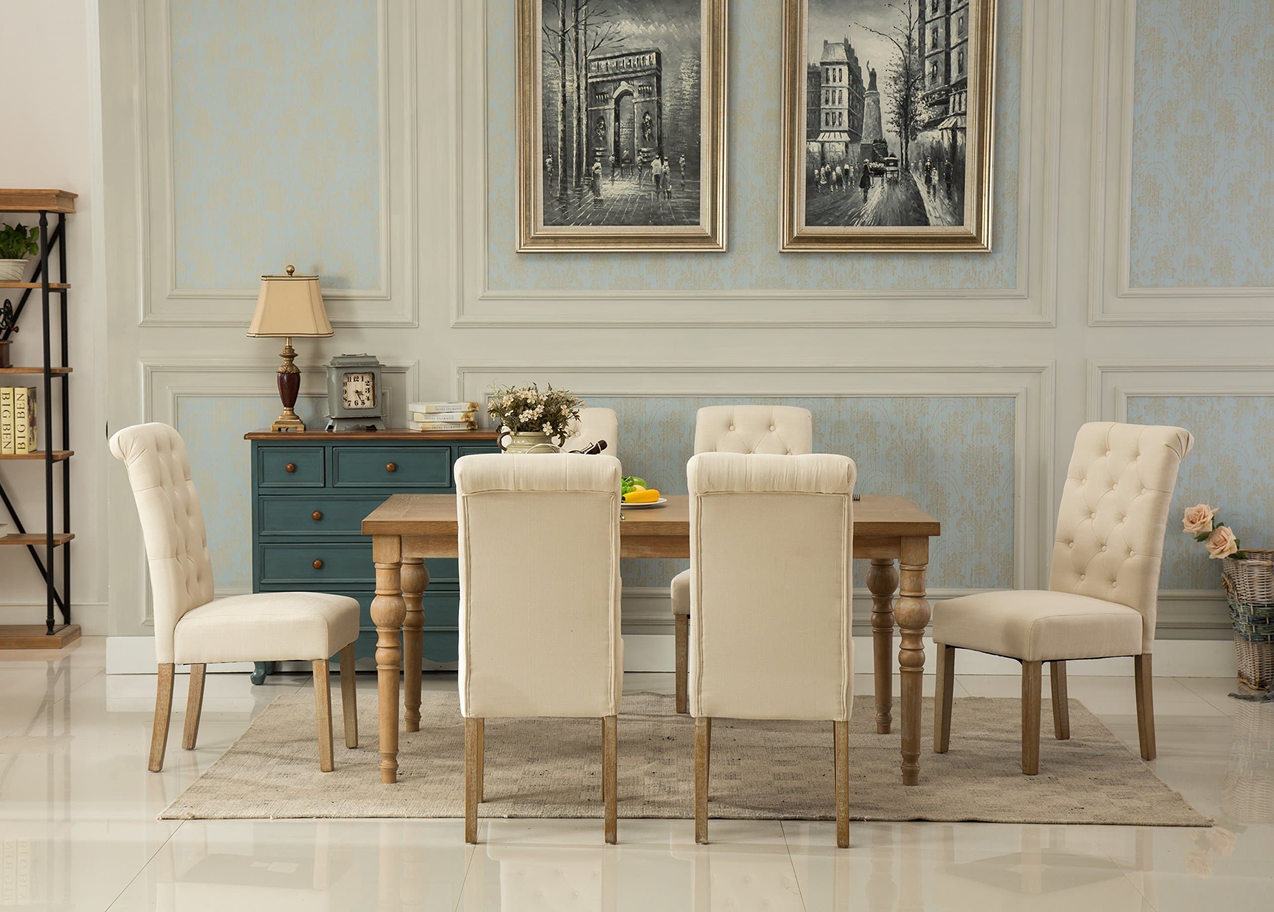 Roundhill Furniture Collection Habitanian Solid Wood Dining Table with 6 Button Tufted Chairs, Tan,