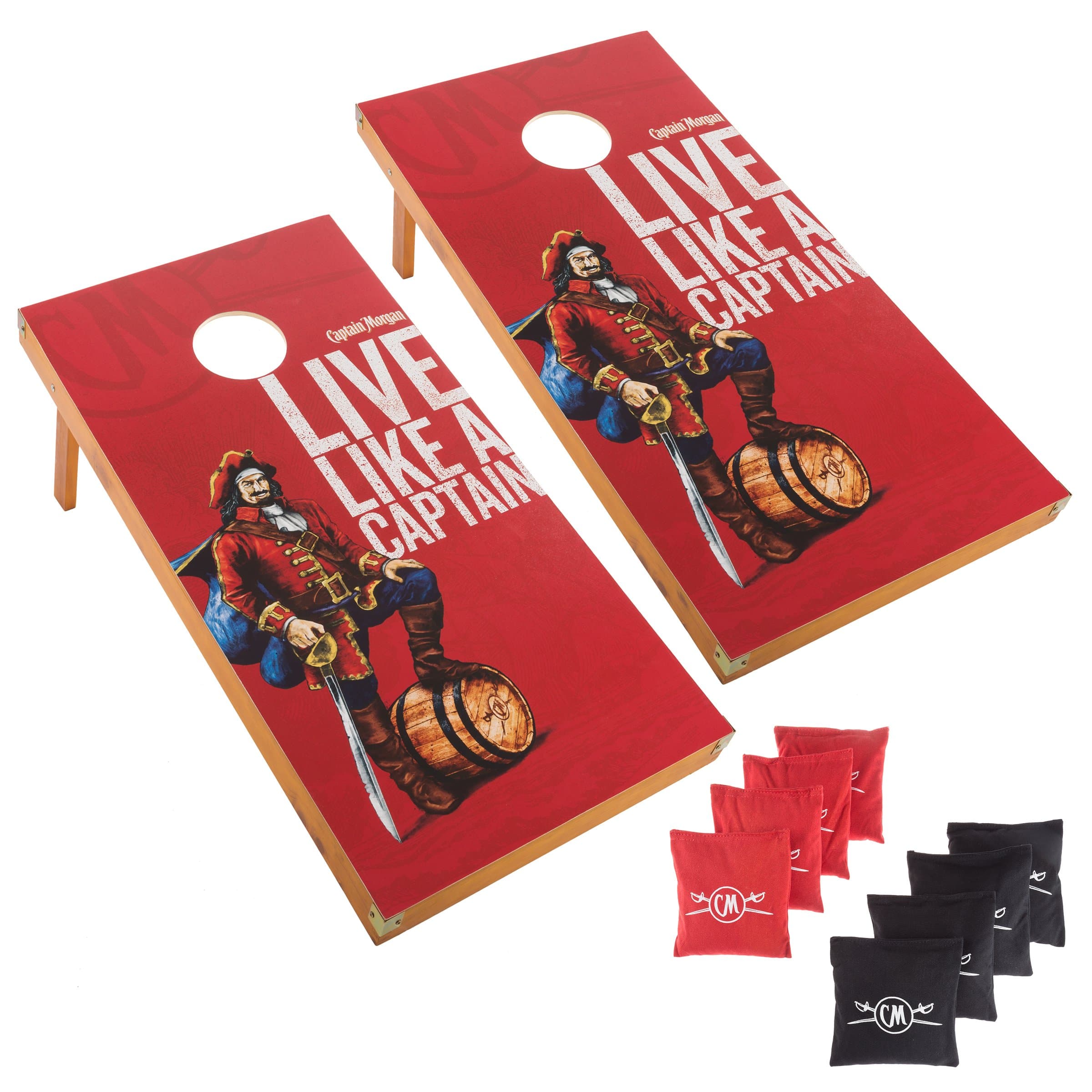 Captain Morgan Cornhole Outdoor Game Set, 2 Wooden Regulation Size Corn Hole Toss Boards with 8 Bean Bags for Adults