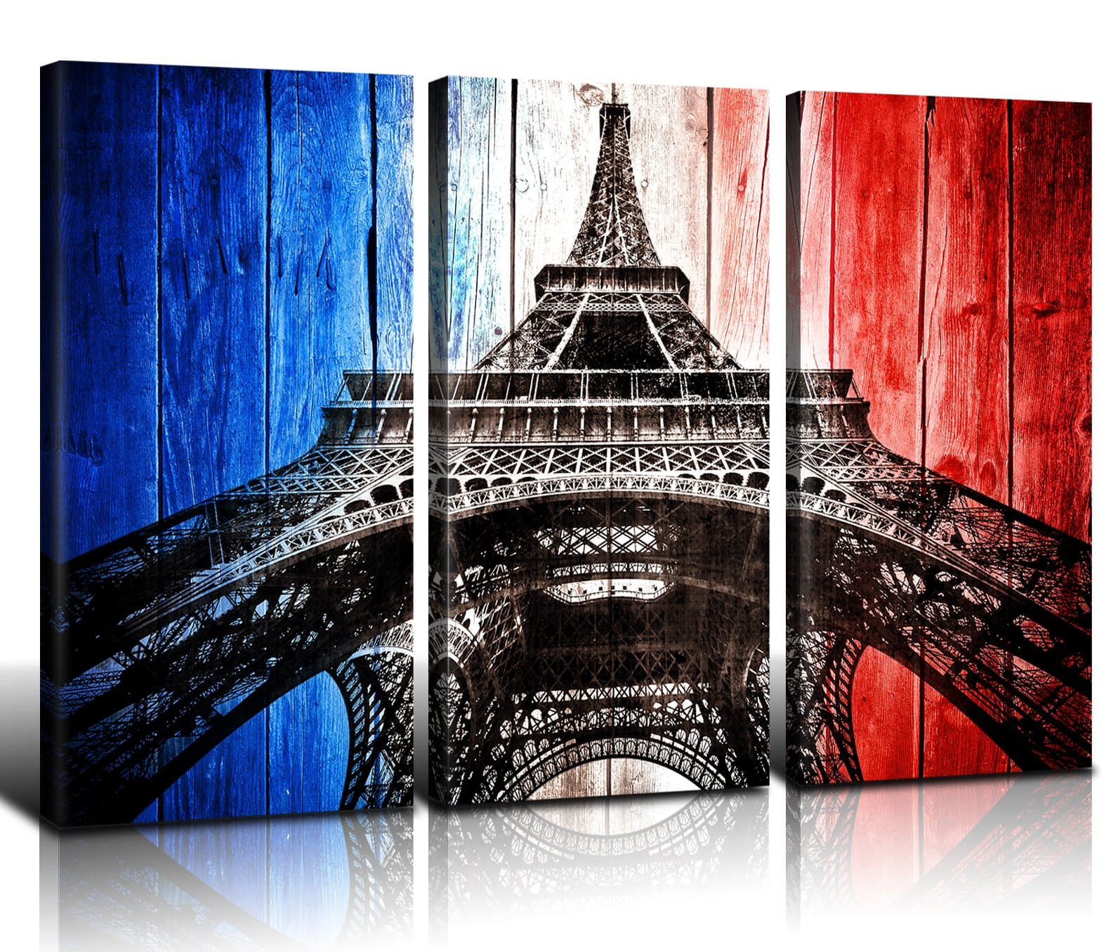 Black & White Eiffel Tower Canvas Prints Wall Art Home Decor Pictures Photo France Paris Landmarks Buildings Wood Grain Flag Background Modern Artwork Giclee Painting Decoration 3 Piece 16 x 32" Panel