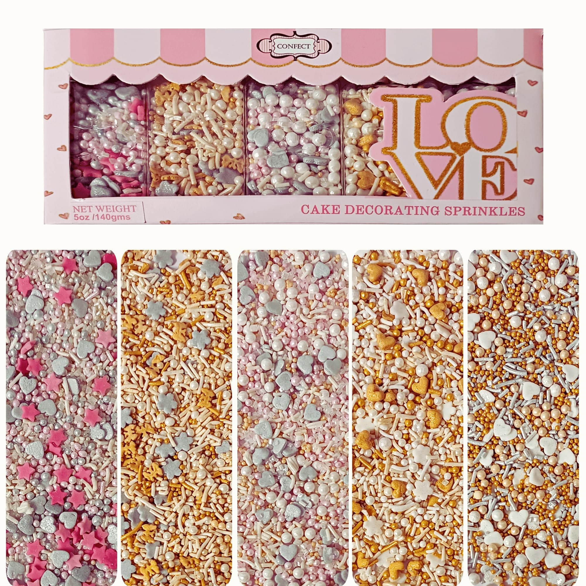 Confect Gold, silver and white Pearl Sprinkles | Sprinkles for Baking, Cookie & Cake Decorative | Valentines Edible sprinkle Mix Pack of 5 -Vegan, Gluten-Free, Nut-Free, Soy-Free, Dairy-Free, Palm Oil-Free -140 Gms