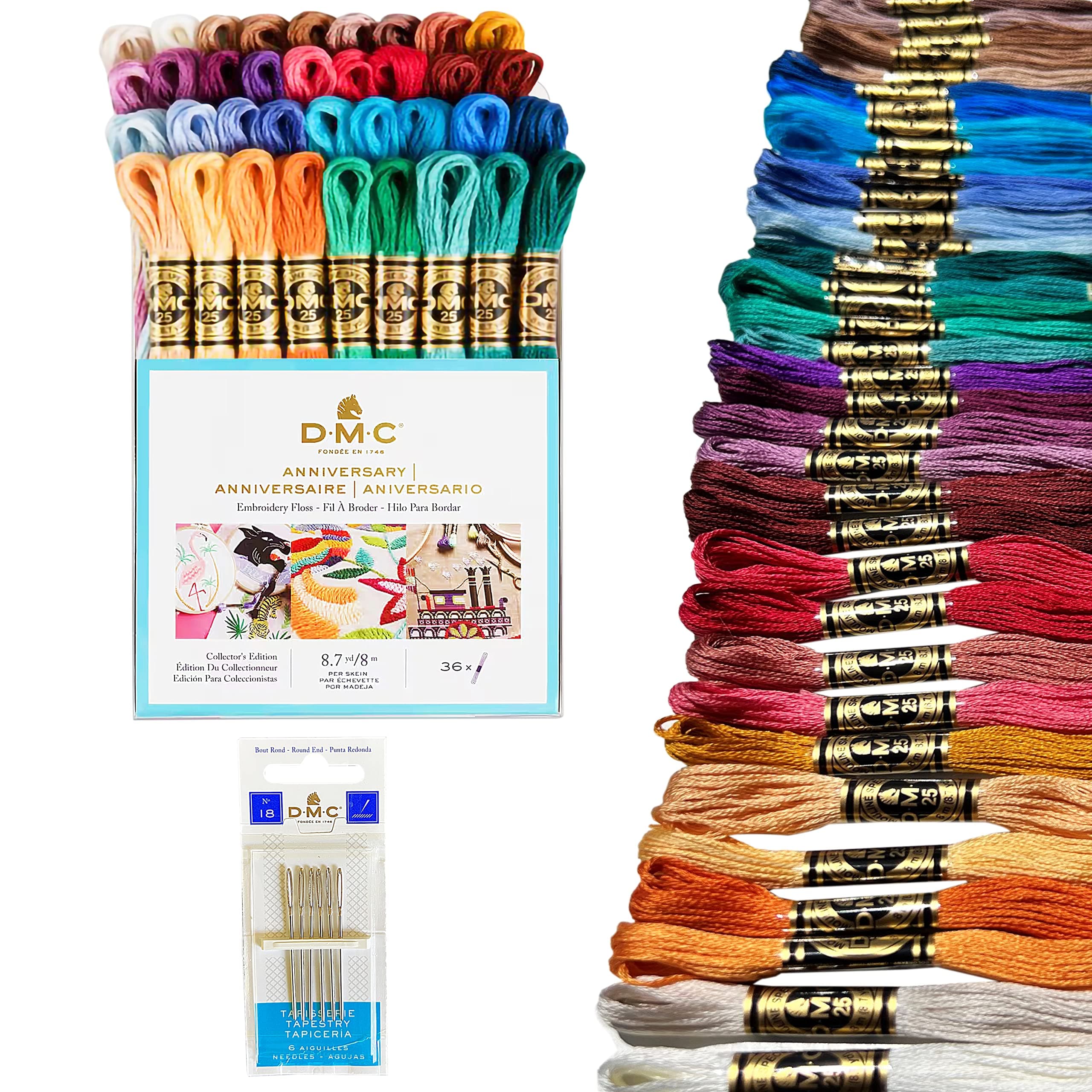 DMC Embroidery Floss, Anniversary Collection Pack. 36 Colors Cotton Embroidery Thread Bundle with Hand Embroidery Needle Size 18. Premium Cross Stitch String Set. Yarn Kit, DMC Mouline Threads.