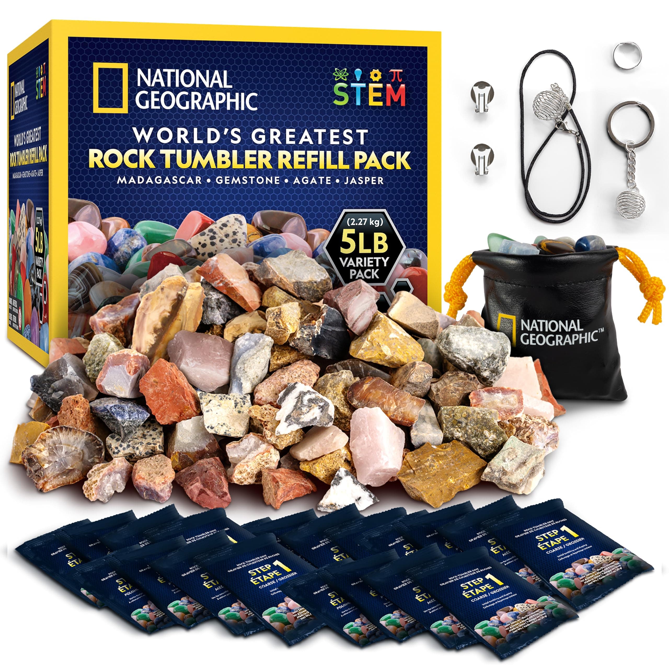 National Geographic Rock Tumbler Refill Kit - 2.26 kg Mix of Rocks & Rough Gemstones for Tumbling, Rock Tumbler Supplies, Grit and Polish Refill