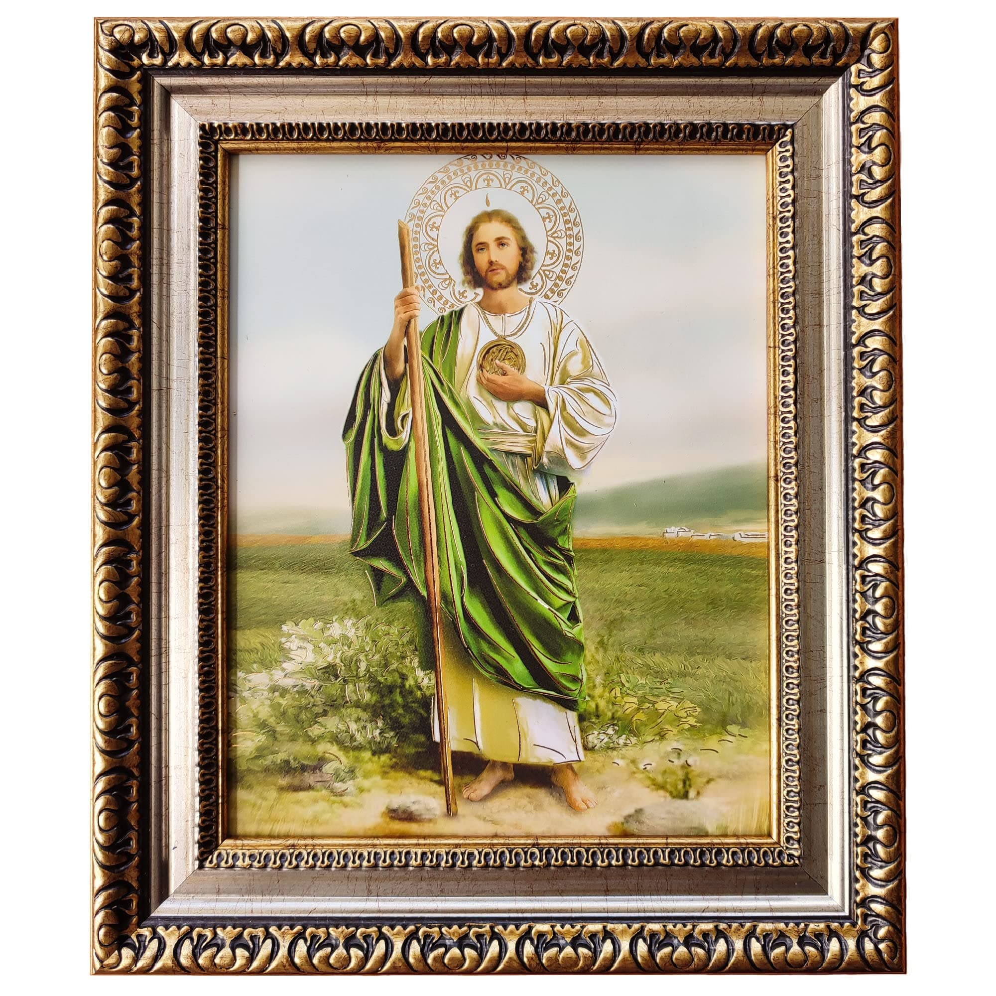 MEXICANDOO Saint Jude Thaddeus Framed Print (Cuadro de San Judas Tadeo) 11x13 inch with Golden and Silver Plated Finish Catholic Religious Wall Art Decoration
