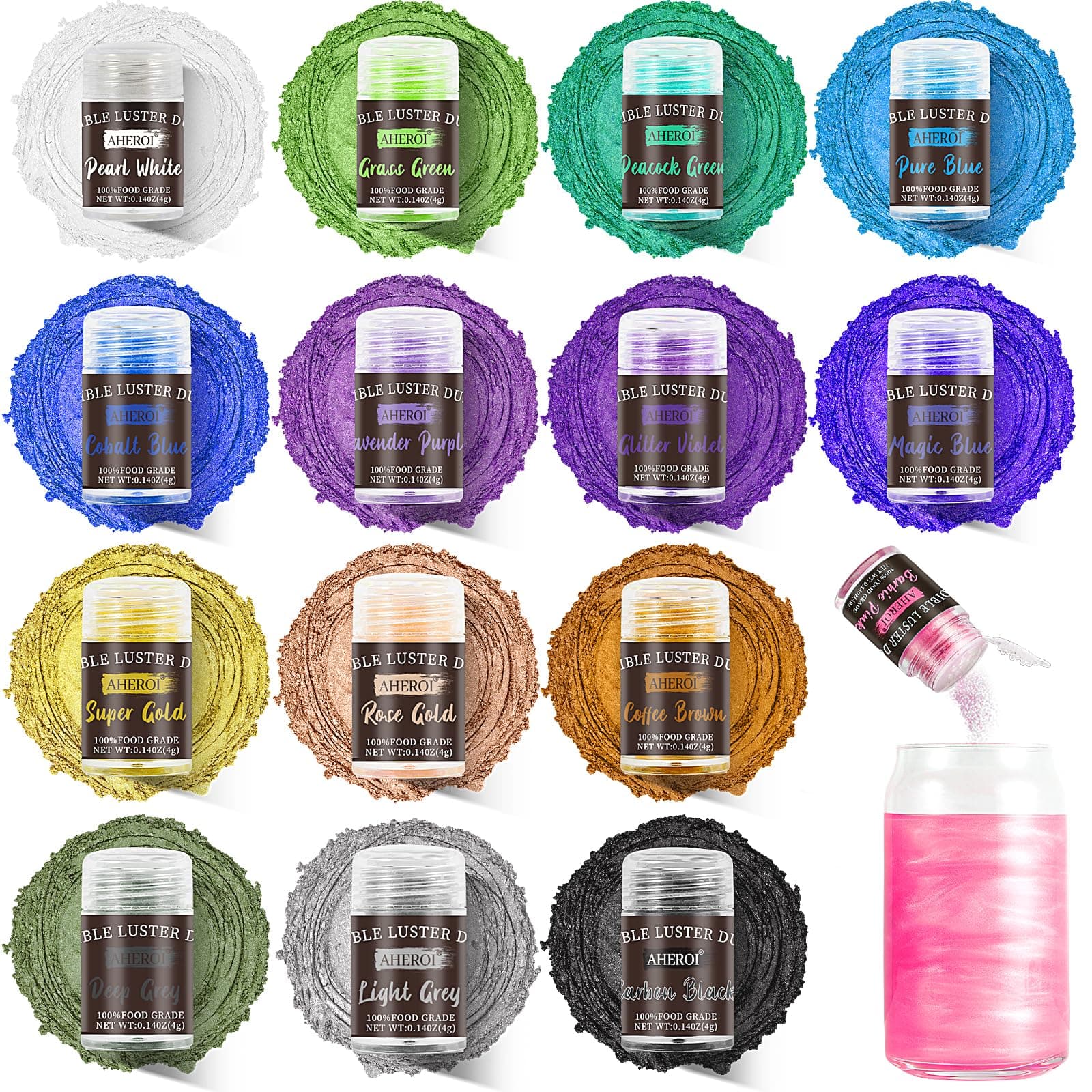 Aheroi Edible glitter Set of 15, Food Grade Edible Powder ocktail Glitter Shimmering Glitter for Drinks, Luster Dust Sprinkles Powder for Fondant Cake Decor(4g/0.14oz)