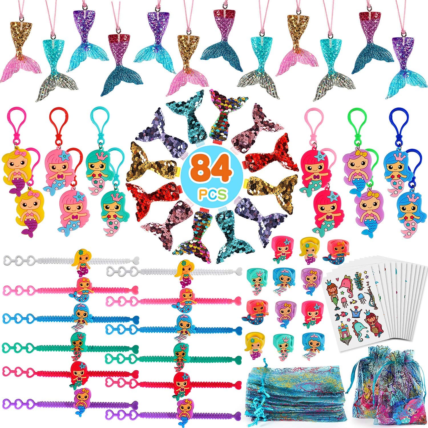 Golray 84 Pcs Mermaid Party Favors Birthday Supplies Mermaid Tail Necklace Bracelet Rings Hair Clip Tattoo Mermaid Accessories Kit Gift Goodie Bags Fillers for Girls Mermaid Birthday Party Supplies