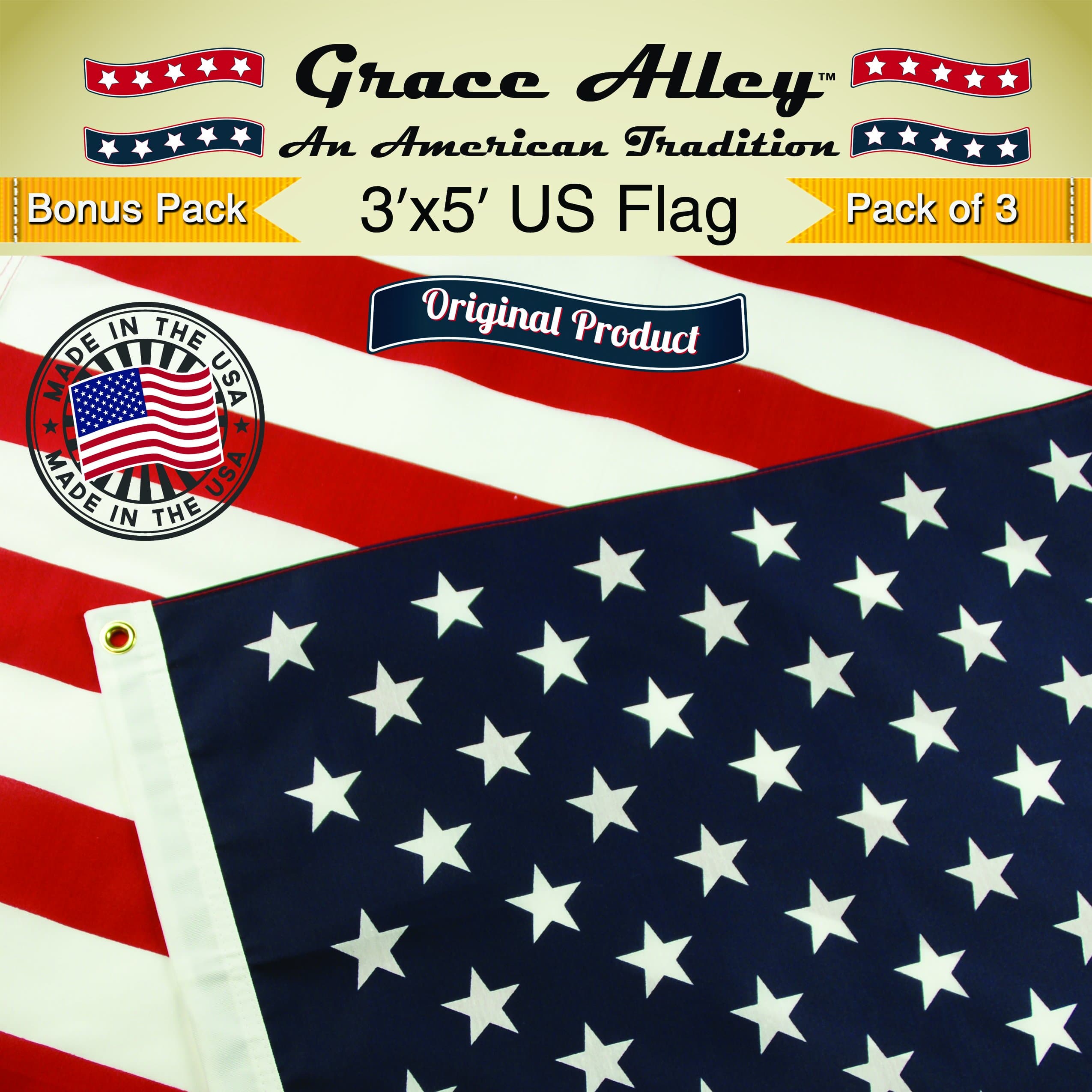 American Flag: Made in USA. Bonus Pack of 3 US Flags 3x5 ft