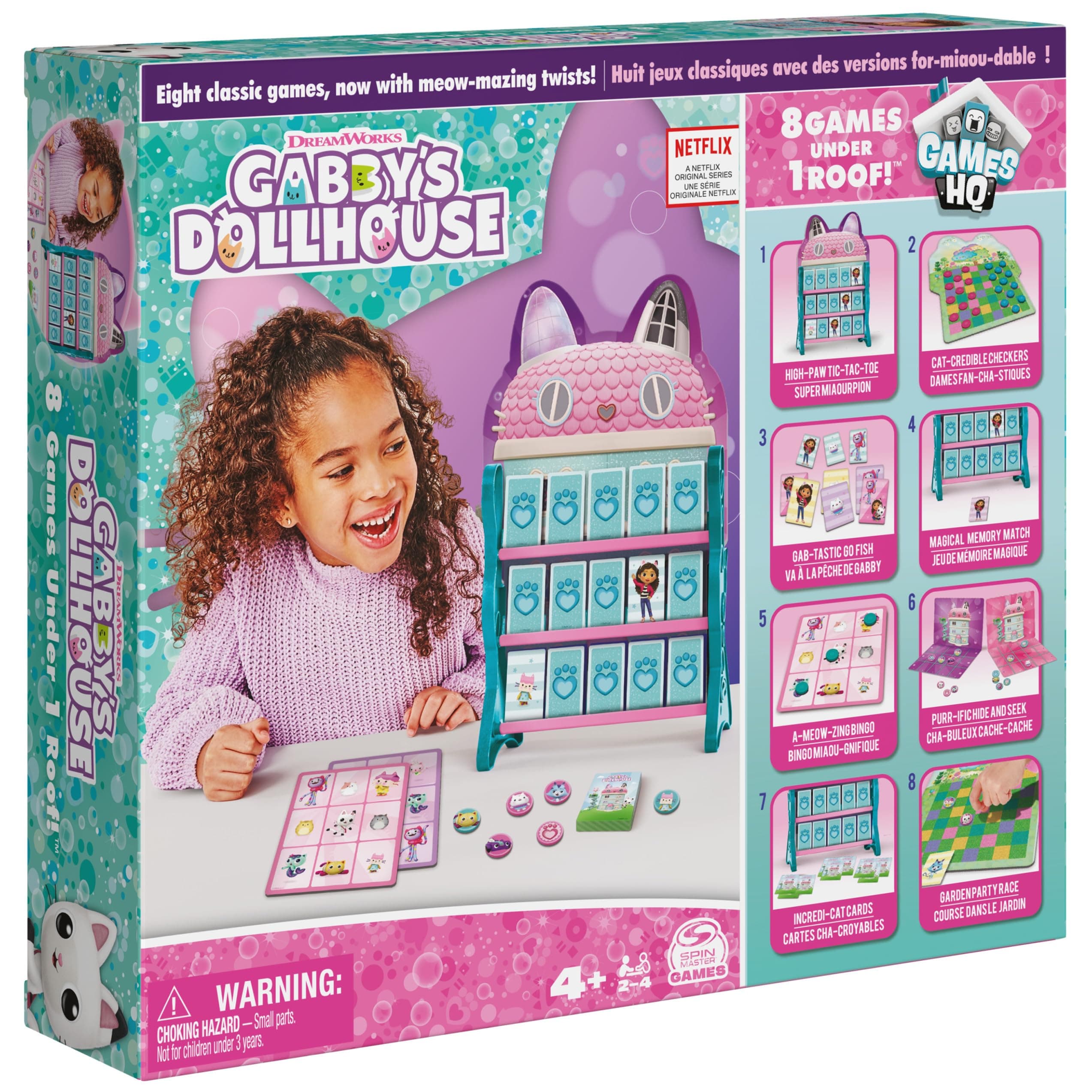 Spin Master Games Gabby’s Dollhouse, HQ Checkers Tic Tac Toe Memory Match Go Fish Bingo Cards Board Toy Gift Netflix Party Supplies, for Kids Ages 4 and up