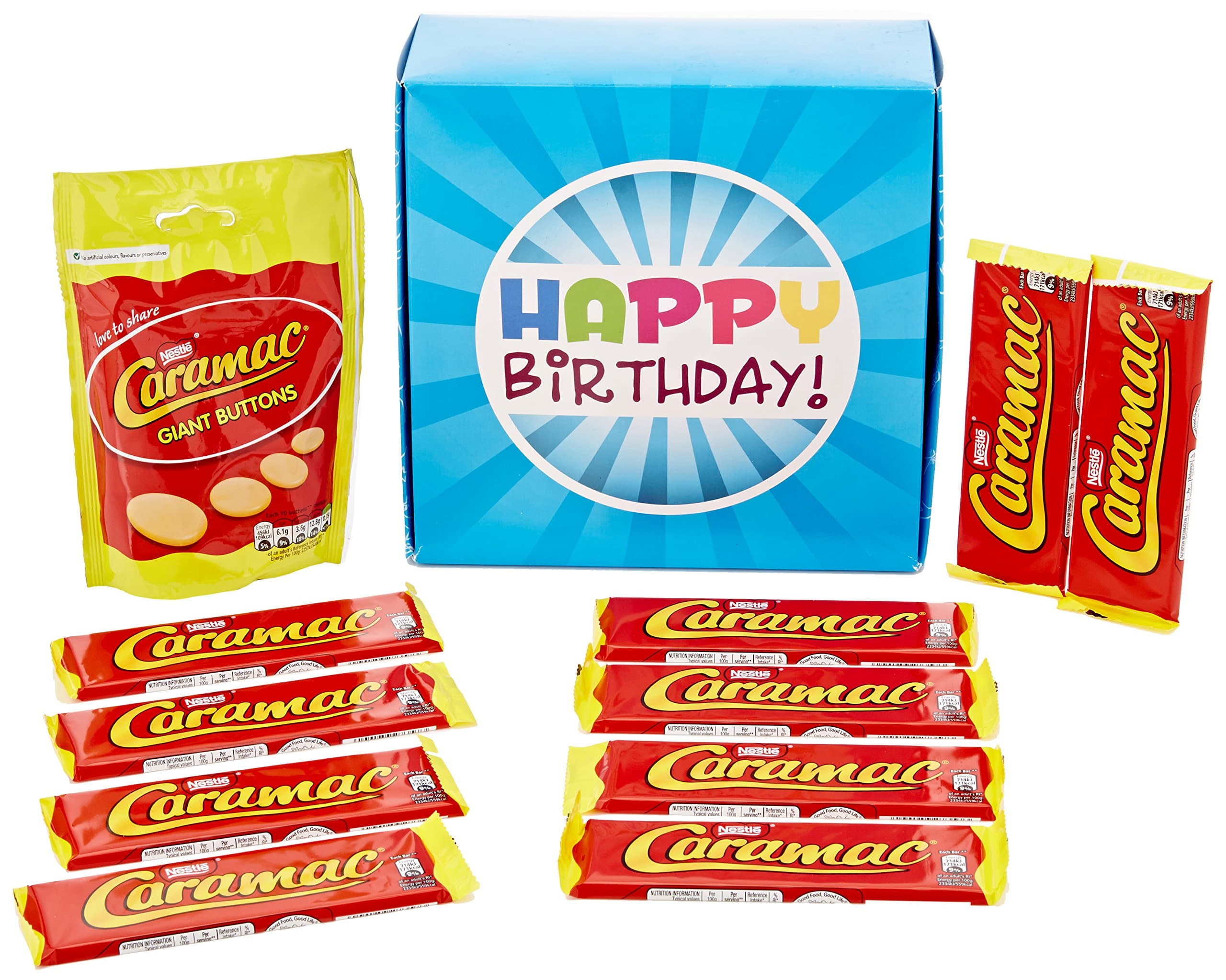 The Ultimate Nestle Caramac Chocolate Lovers Happy Birthday Gift Box - By Moreton Gifts - Full of Caramac Bars and Giant Buttons Pouch