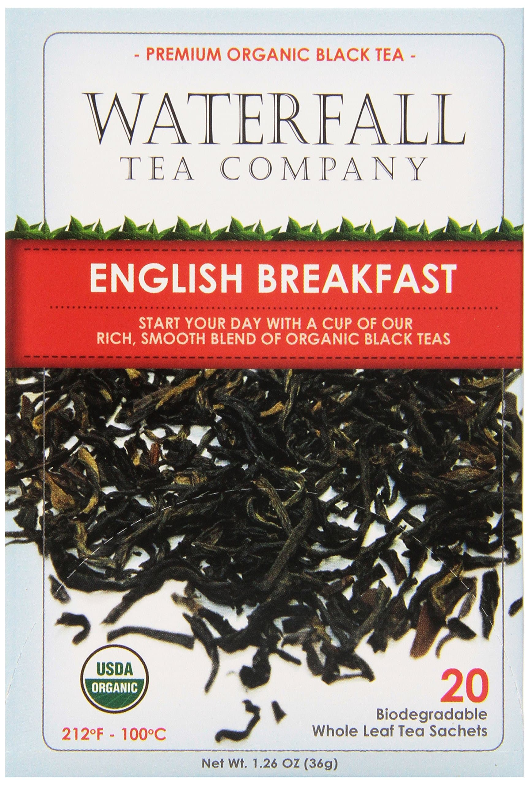 Waterfall Tea Company Organic English Breakfast Tea, 20 Count, 1.26 Oz, (Pack of 6)