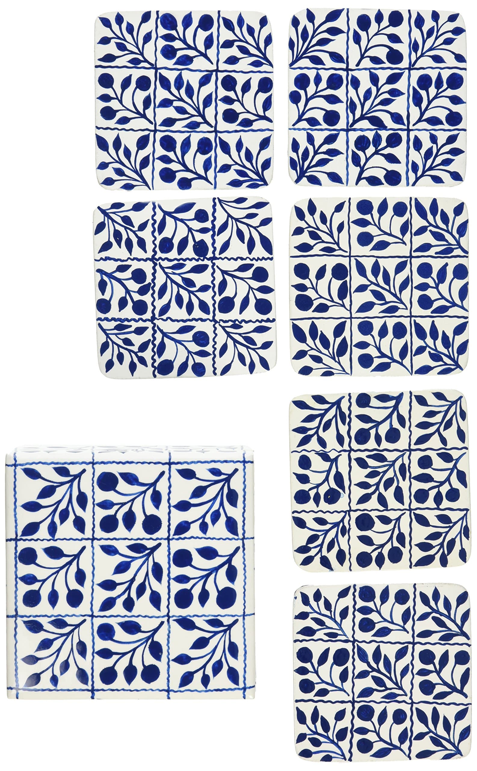 Handmade Hand-painted Wooden Coaster Set, Blue Tile Pattern. Set of 6 Square Coasters and 1 Wooden Holder