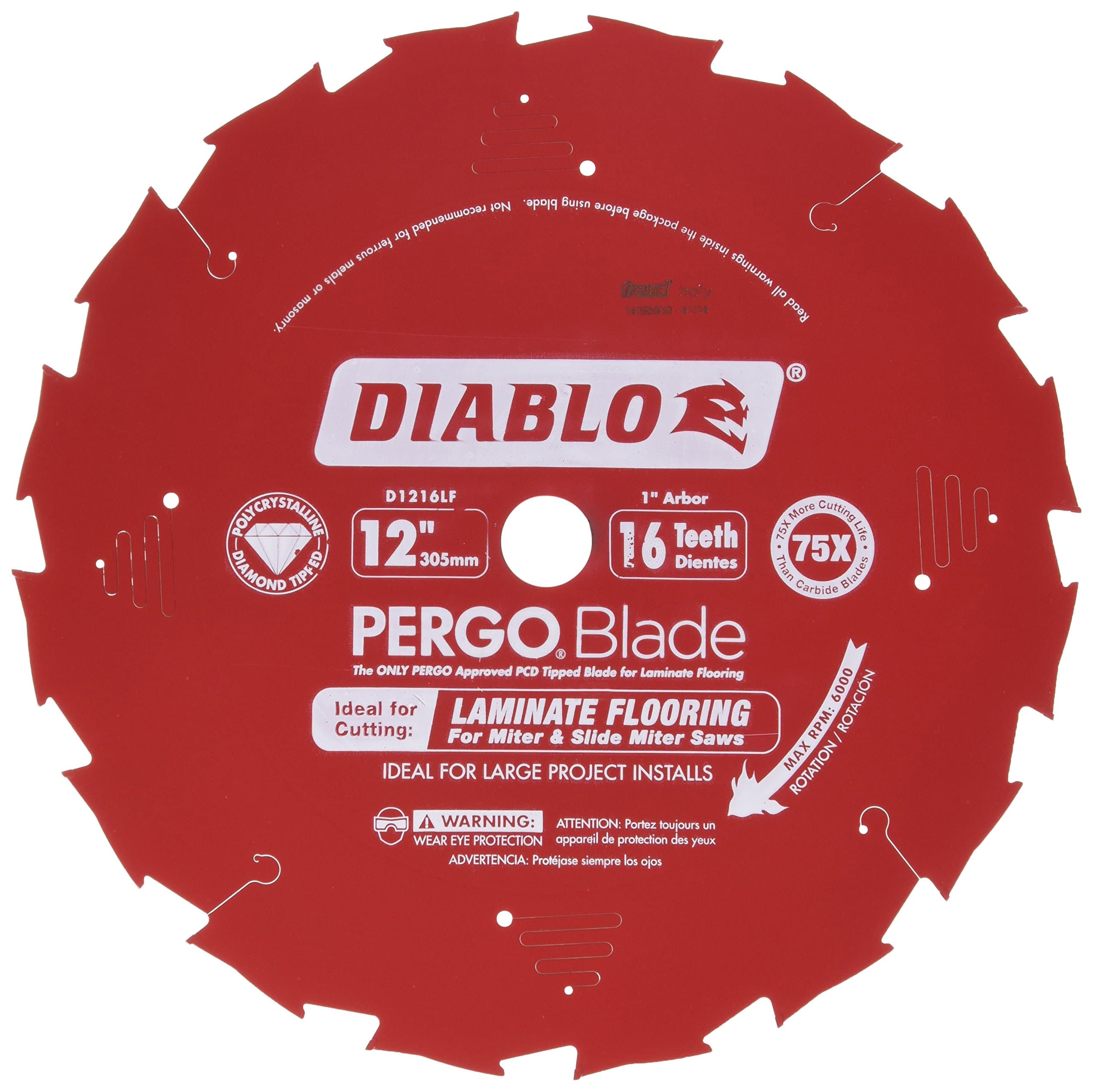 PergoBlade Saw Blade for Laminate and Wood Flooring - 12" Diameter, 16-Teeth, 1" Arbor, .087" Kerf, 10° Hook Angle, .063" Plate, 5000 Max RPM - D1216LF