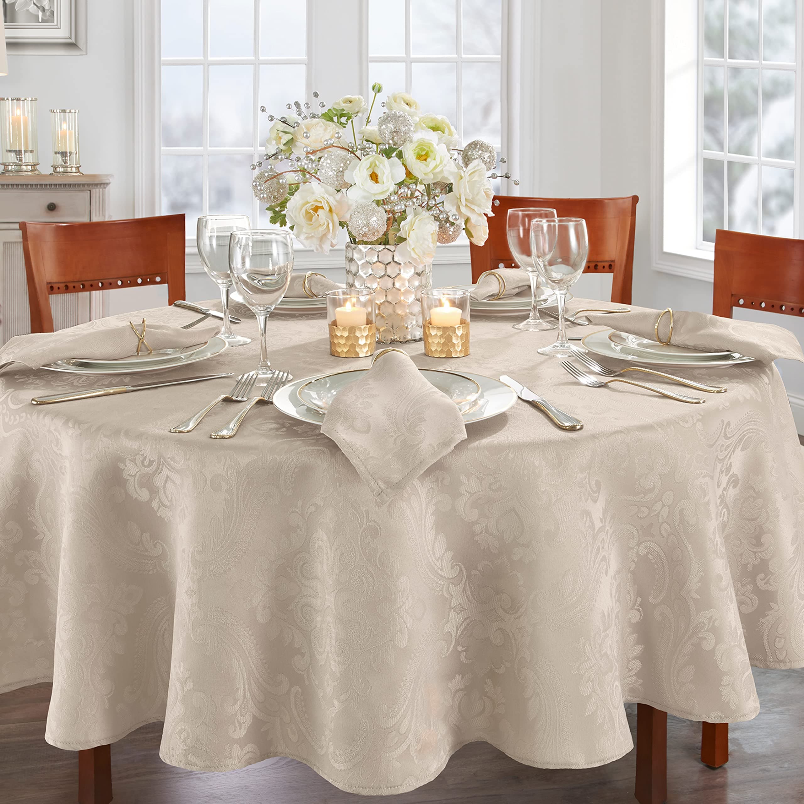 Elrene Damask Tablecloth, Polyester, Taupe, 90" Round