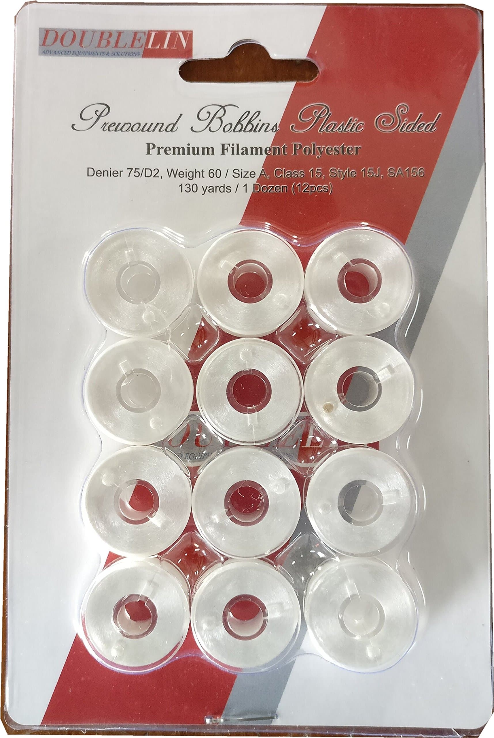 Doublelin Prewound Bobbin, Size A, Class 15, Styple 15J, SA156, White Color, Plastic Sided, 75D/2 Ployester, 140 Yards, 12pcs