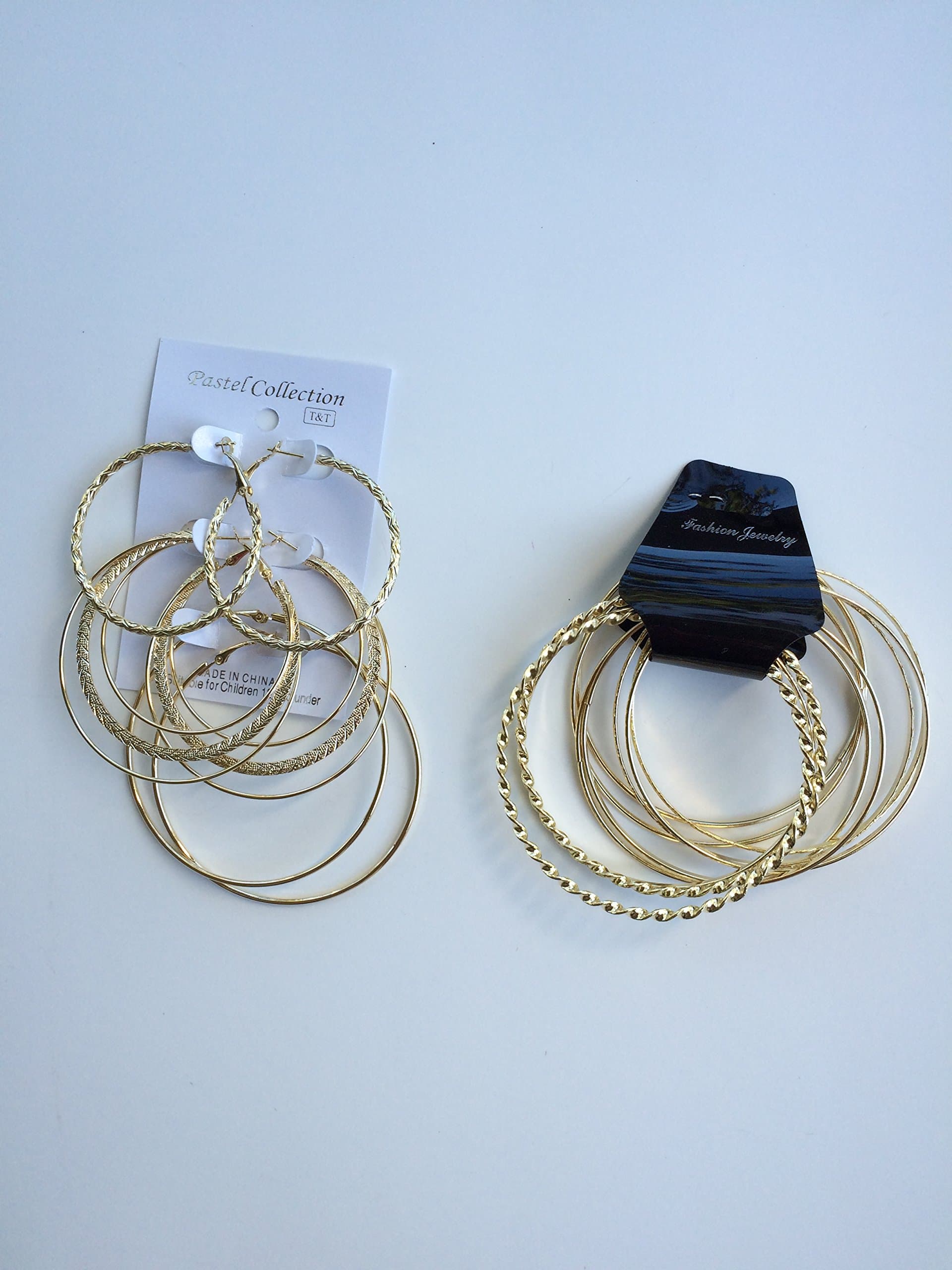 Gift Pastel Collection Set of Two Gold Bangles & 3 Different Size Hoop Earrings for All Teens & Adults