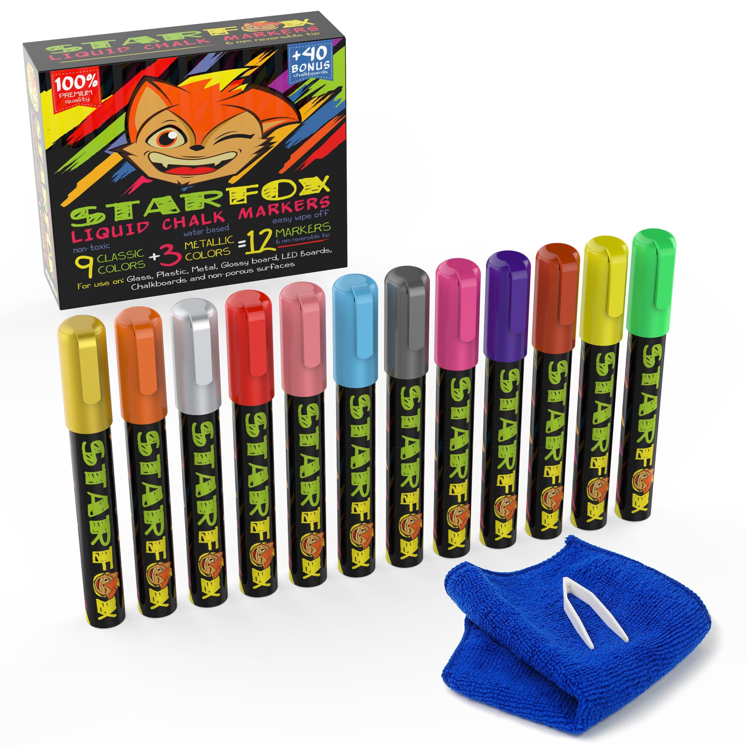 Starfox Liquid Chalk Markers for Kids & Adults – Fine Point & Chisel Tip 2-in-1 Nib – Set of 12 Vibrant Colours – Including Rose Gold, Silver & Gold – 40 Labels, Tweezers & Cloth – Unique Cap