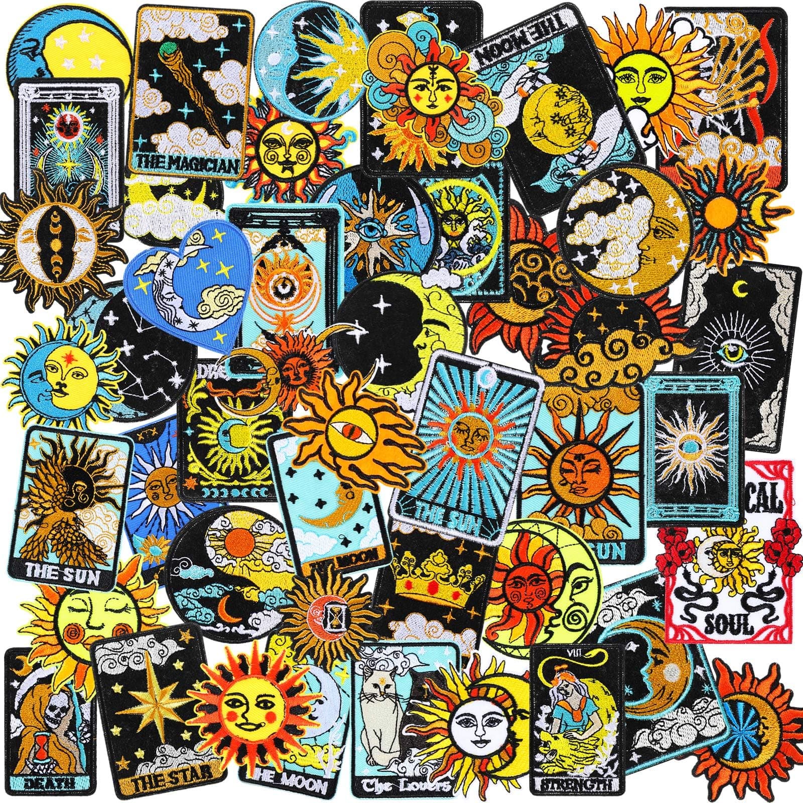 48 Pcs Chenille Iron on Patches Iron on Hat Patches Bulk for Hats Clothes Sew on Applique Accessory for Backpack Pants Jeans(Sun and Moon)