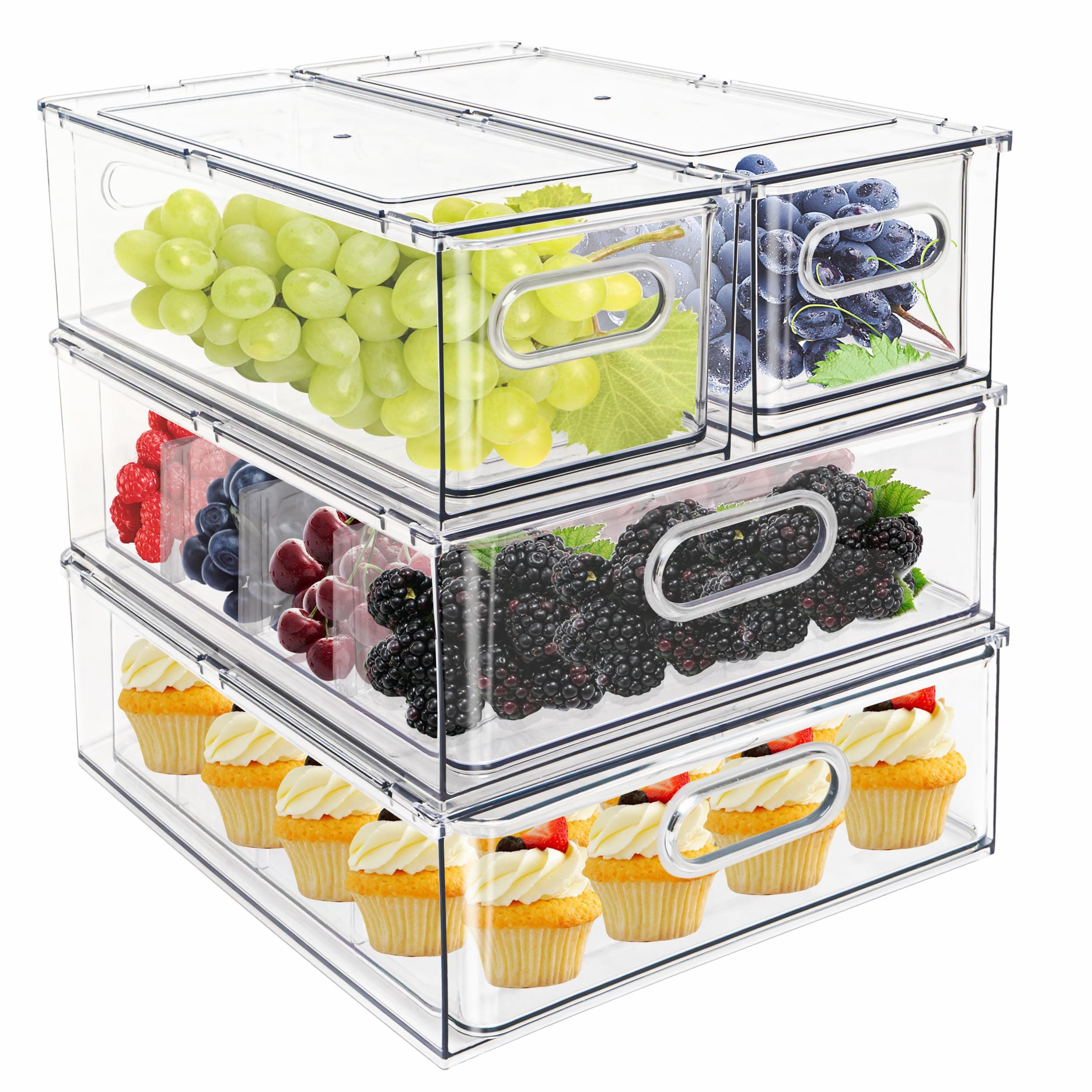 4pack Stackable Refrigerator Organizer Bins with Pull-Out Drawer， Fridge Drawers Containers for Kitchen Pantry Organization， Fridge Organization for Fruit and Veggies Storage