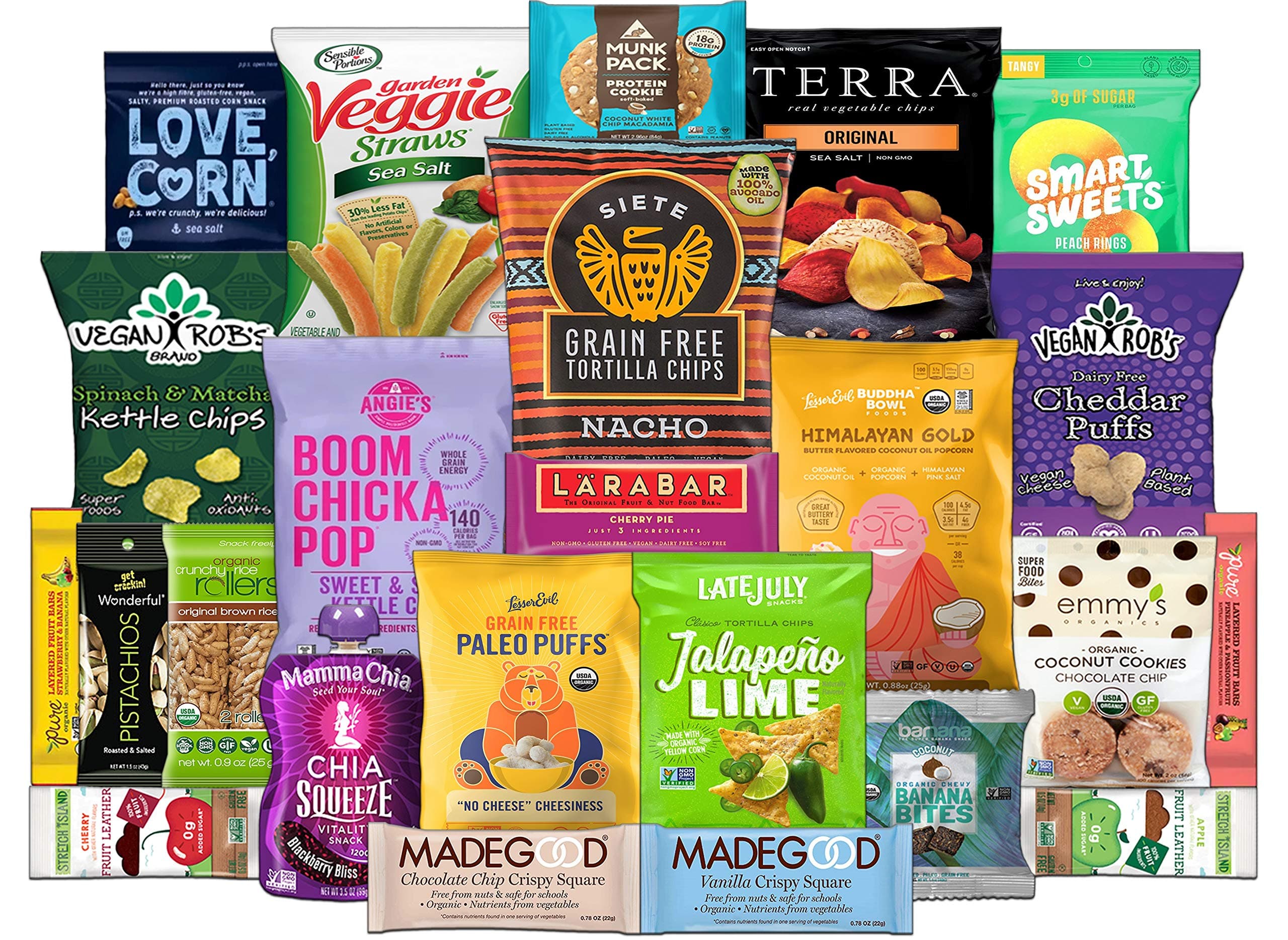Healthy Vegan and Gluten Free Snack Assortment Care Package - Popcorn, Chips, Puffs, Nuts, Bars, Fruit Snacks (24 Count)