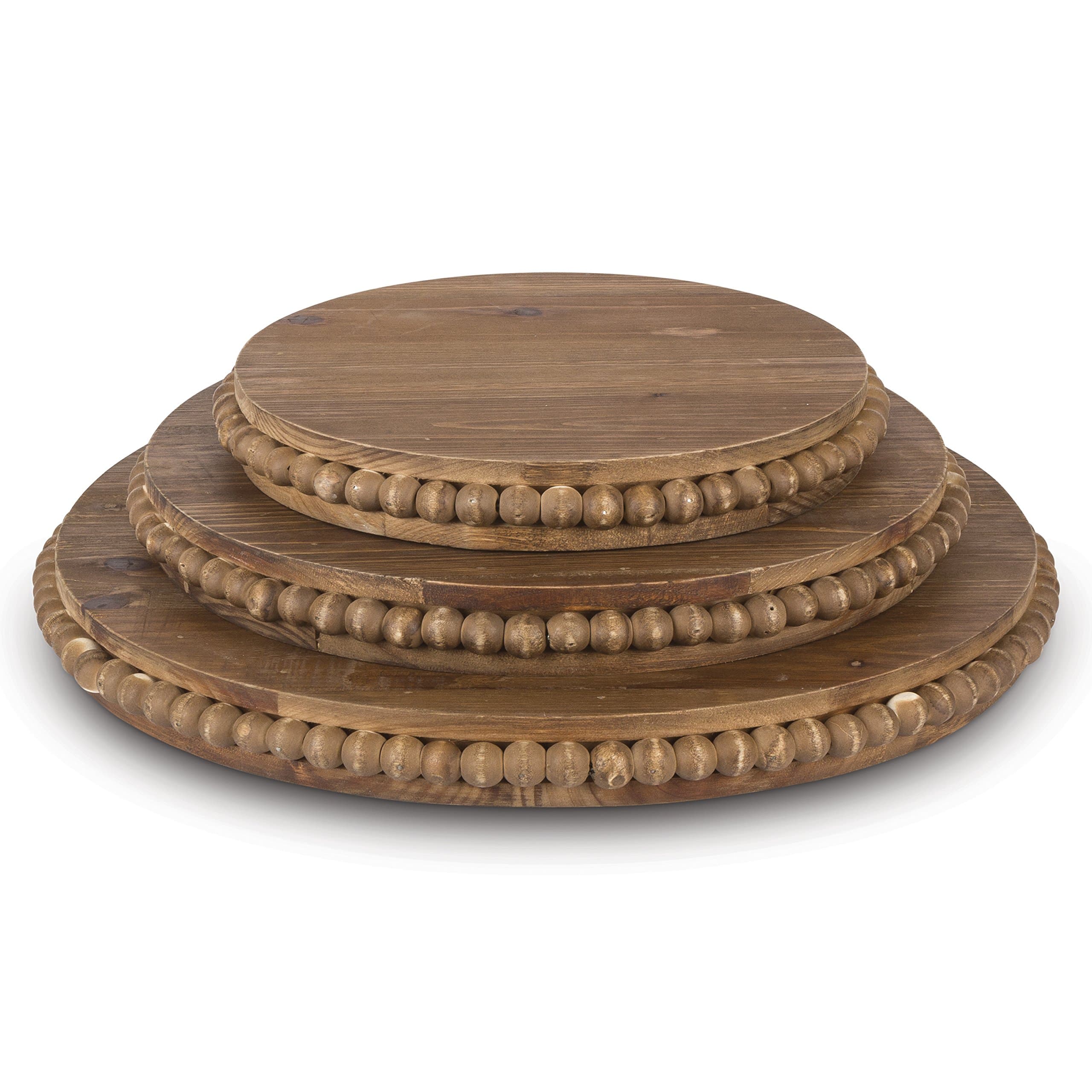 Lone Elm 94151 Wood Beaded Pedestal Tray (Set of 3), 16" x 1.5" x 16"