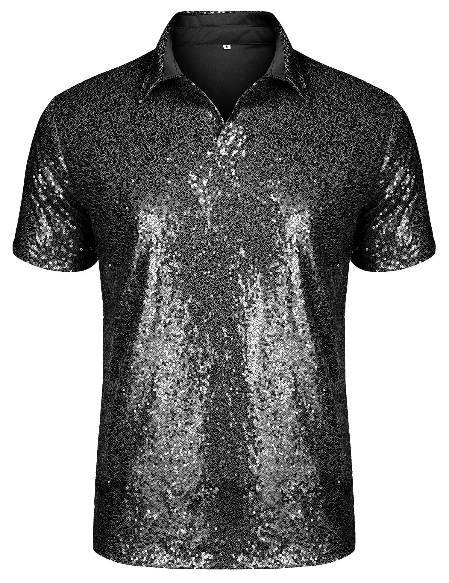 Men's Relaxed Short Sleeve Turndown Sparkle Sequins Polo Shirts 70s Disco Nightclub Party Shirt Tops