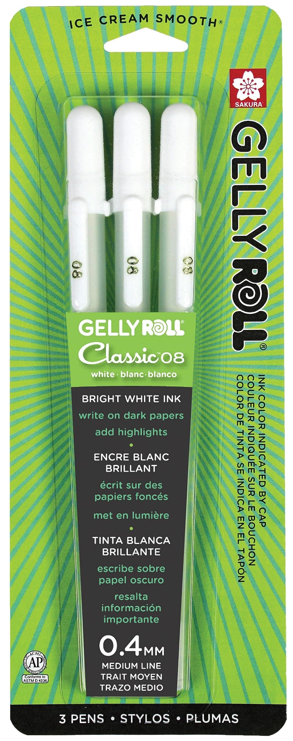 SAKURA Gelly Roll Classic White 3 Pack, 08 Medium Pt., Opaque Gel Pens, Creamy Smooth Ink, Writes on Dark Paper