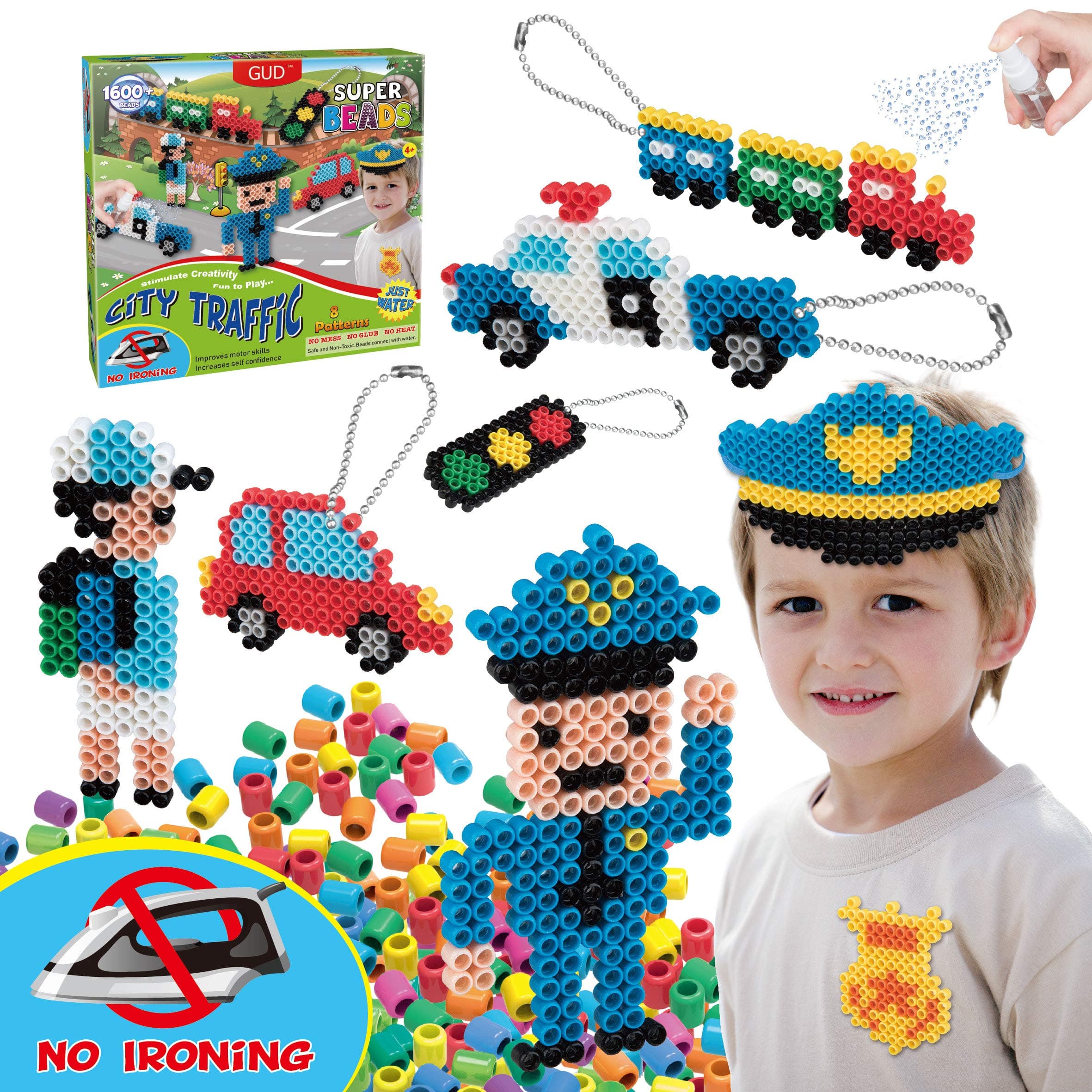 Kids DIY Water Fuse Non Iron Super Beads for Boys Arts and Crafts Toy Set. Boys Indoor Activity Fun Project City Traffic Crafts Kit for Boy. Birthday Gift Age 4 5 6 7 8 9 Year Old Boy Present Perler